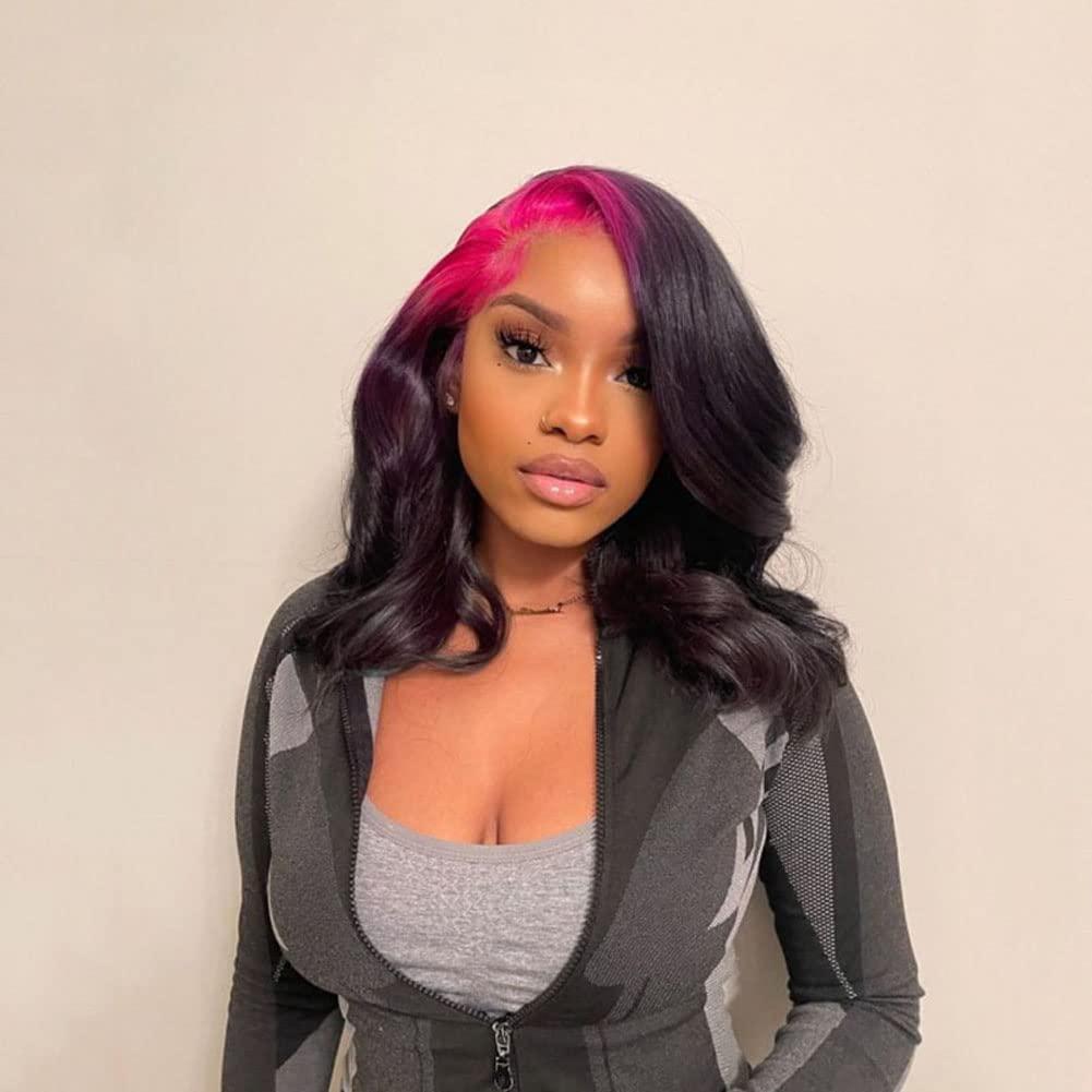 Anlimer Ombre Pink Black Lace Frontal Human Hair Wigs Pre Plucked 13x4 Lace Front Wig Human Hair Glueless Remy Body Wave Lace Wig 150 Density 20 Inch