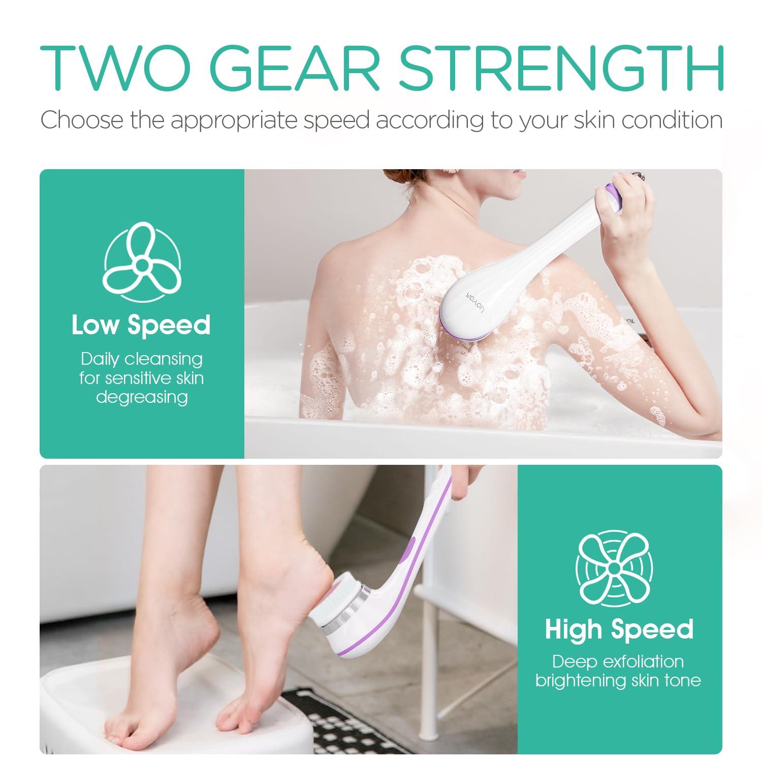 VOYOR VOYOR Electric Body Brush Back Scrubber for Shower Rechargeable Exfoliating Bath Brush Powered Shower Brush with Non-Slip Long Handle Deep Cleansing, Exfoliation, Massaging Spin Brush BC100 (Purple)