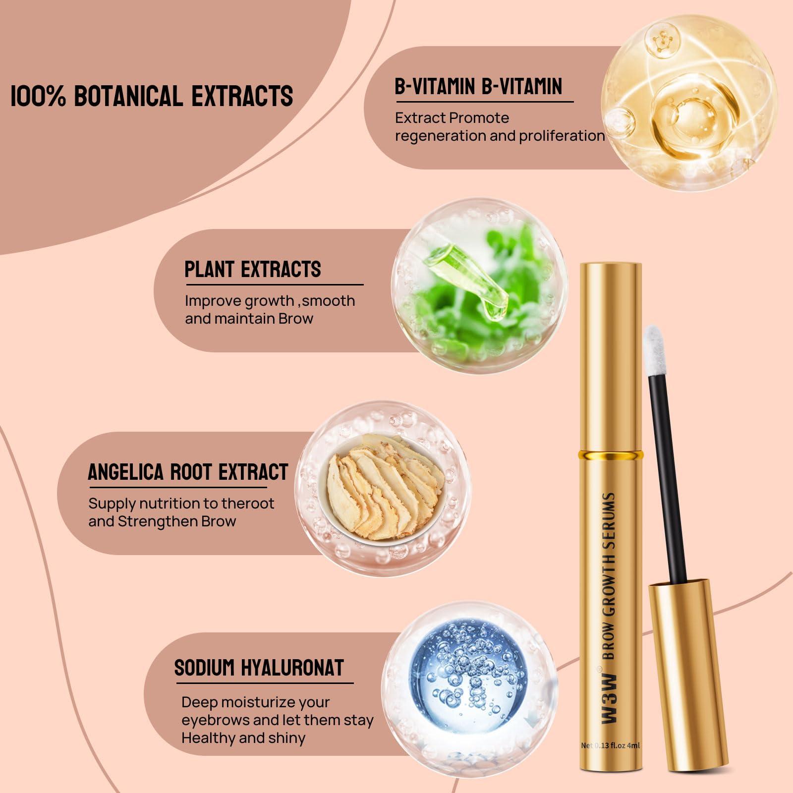 W3W Eyebrow Growth Serum,Natural Eyebrow Serum Enhancer For Fuller and Thick Longer Brows in 4 Weeks,4ML Eyebrow Serum To Grow Brows,Lash and Brow Serum Plant Extracts(Gold)