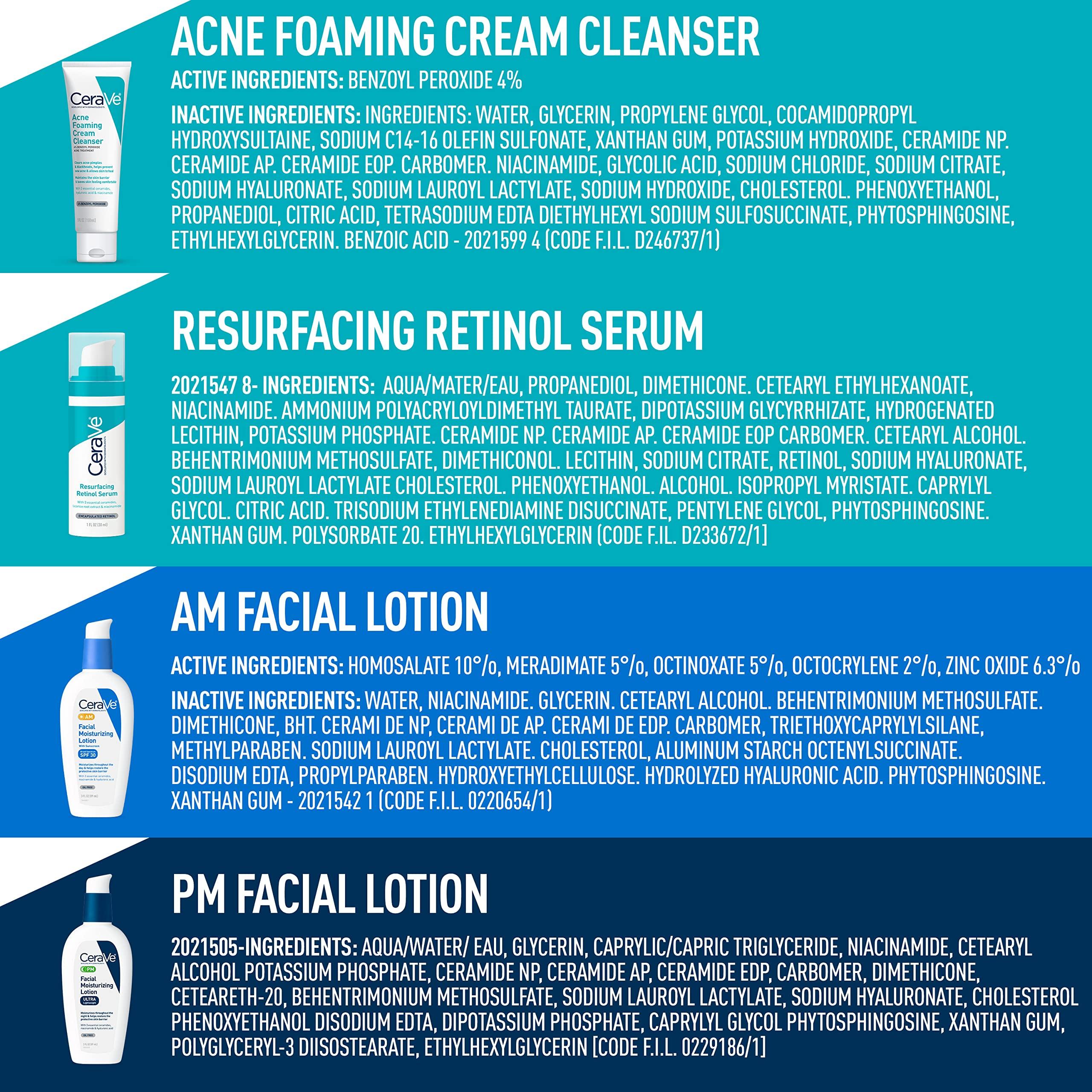 CeraVe CeraVe Acne Skin Care Set, 5oz Acne Foaming Cream Cleanser + 1oz Resurfacing Retinol Serum + 2oz AM Facial Moisturizing Lotion with SPF 30 + 2oz PM Facial Moisturizing Lotion