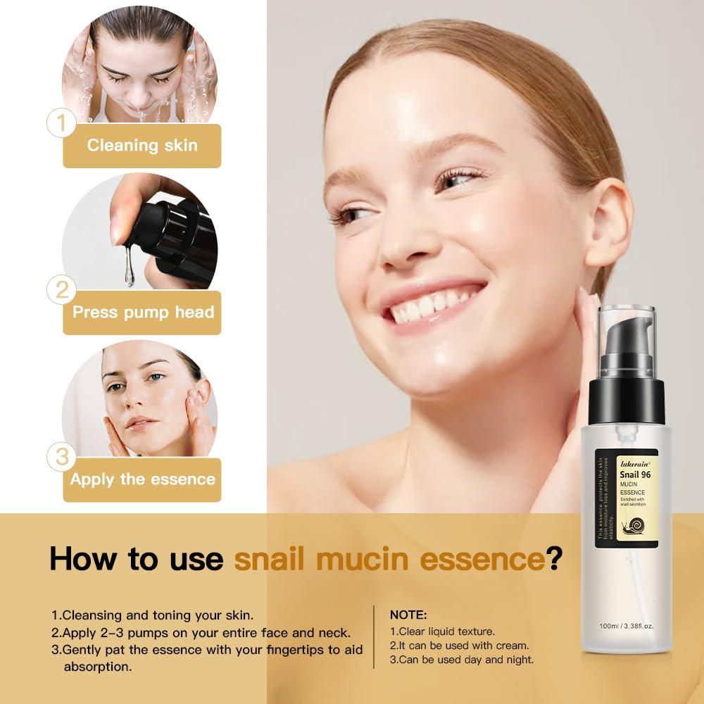 Loske Snail Mucin Serum 96%, Snail Secretion Filtrate 96%, Snail Mucin 96%, Power Repairing Essence, Snail Mucin Essence Face Serum, Hydrating Serum for Face, Eye, and Neck (2PCS)