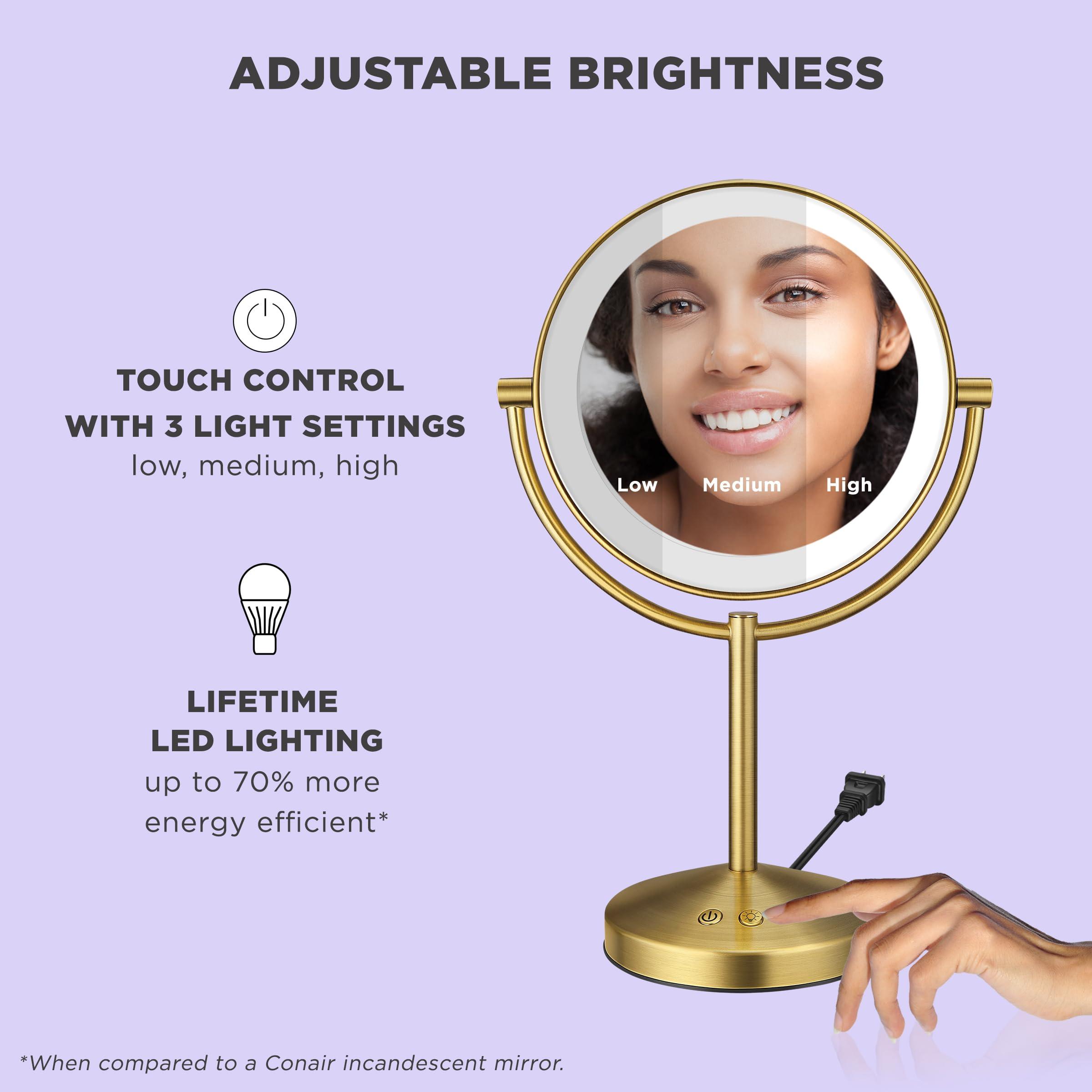 Conair Conair Lighted Makeup Mirror, LED Vanity Mirror, 1X/10x Magnifying Mirror, Corded in Brushed Brass Finish