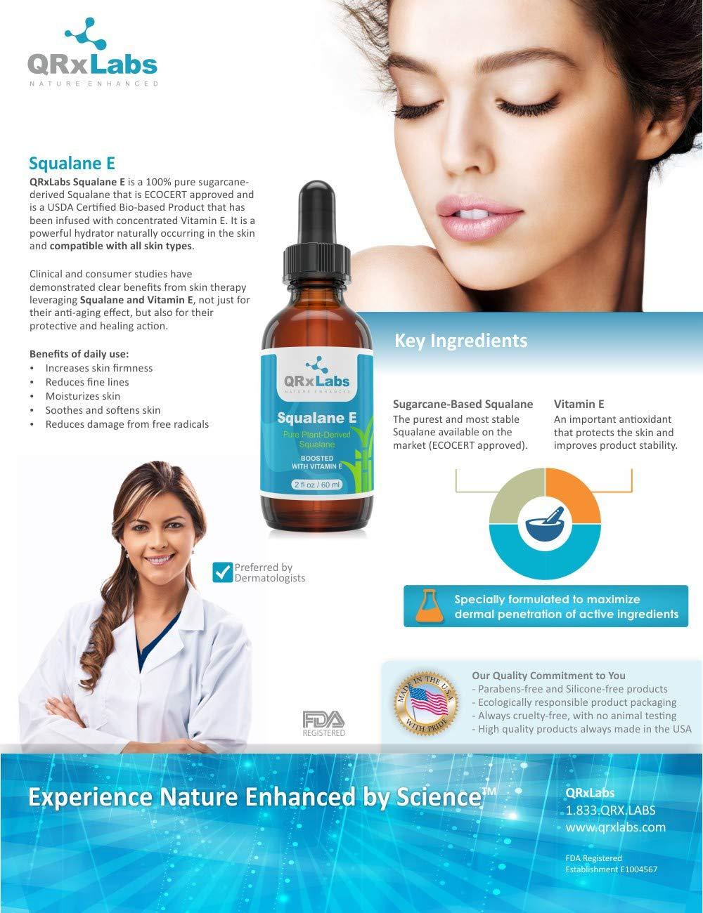 QRxLabs QRxLabs Pure Plant-Based Squalane Oil with Vitamin E (2 oz) - Organic ECOCERT/USDA Certified Squalane from Sugarcane - Moisturizer for Face, Body, Skin & Hair