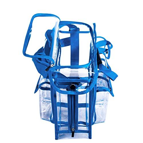 Tense Edano Wide Opening Large Professional Clear PVC Travel Makeup Artist Set Bag Cosmetic Nails Beauty Bag Transparent Vinyl Tool Organizer Work Bag Beach Bag Diaper Bag with 6 External Pockets & Strap (Blue)