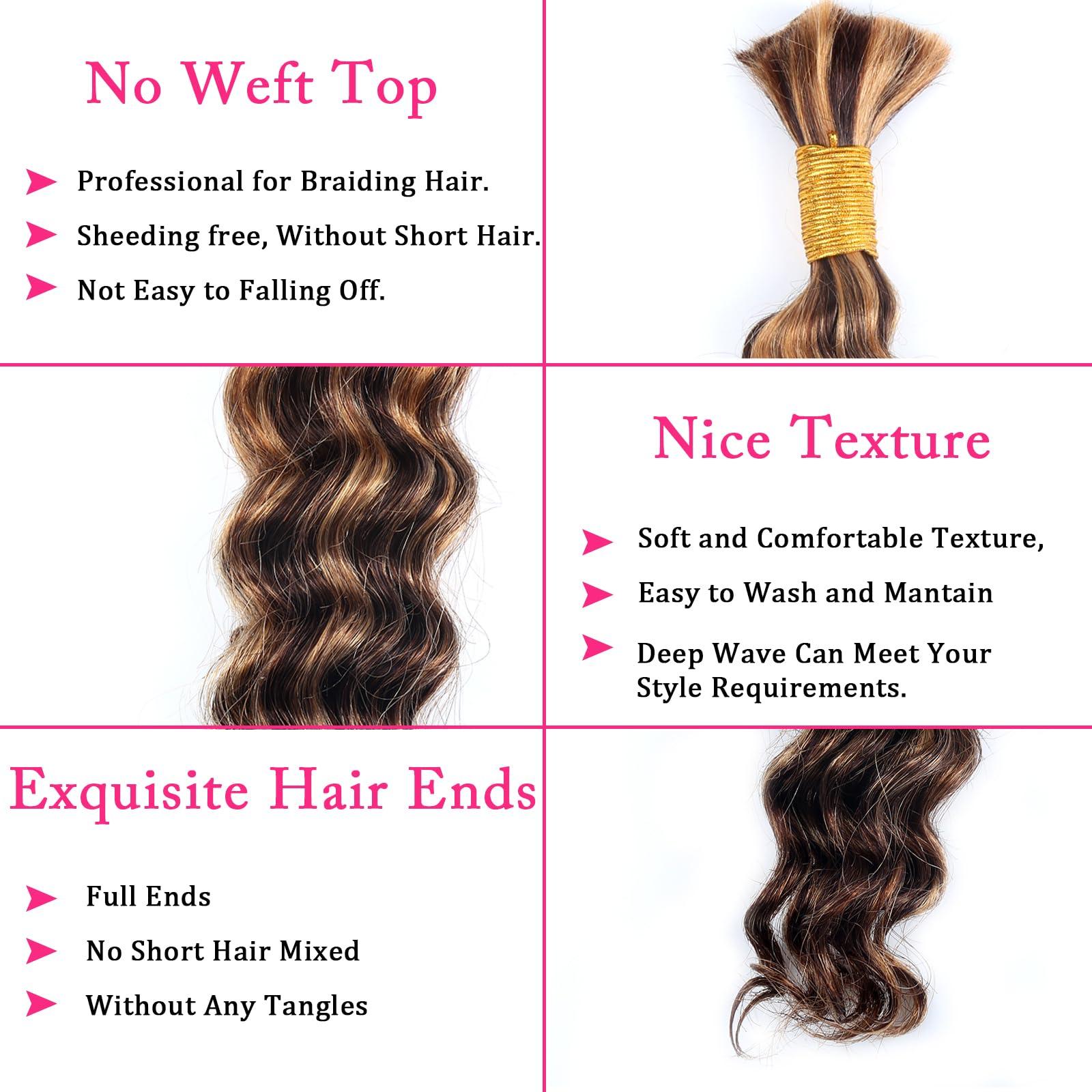 B-fashion Human Braiding Hair for Boho Braids Highlight Deep Wave Bulk Human Hair for Braiding 14 Inch 1 Bundle 50G P430 Brazilian Wet and Wavy Curly Ombre Human Hair Braiding Hair Extensions No Weft Bundles