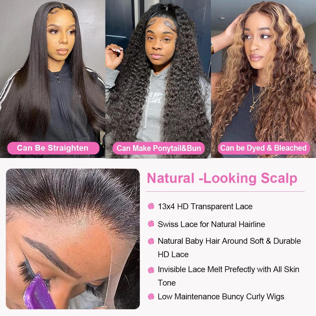 kiss love kiss love Deep Wave Lace Front Wigs Human Hair Curly Wigs for Women Wet and Wavy HD Transparent Lace Front Wigs Human Hair Pre Plucked with Baby Hair 16 inch