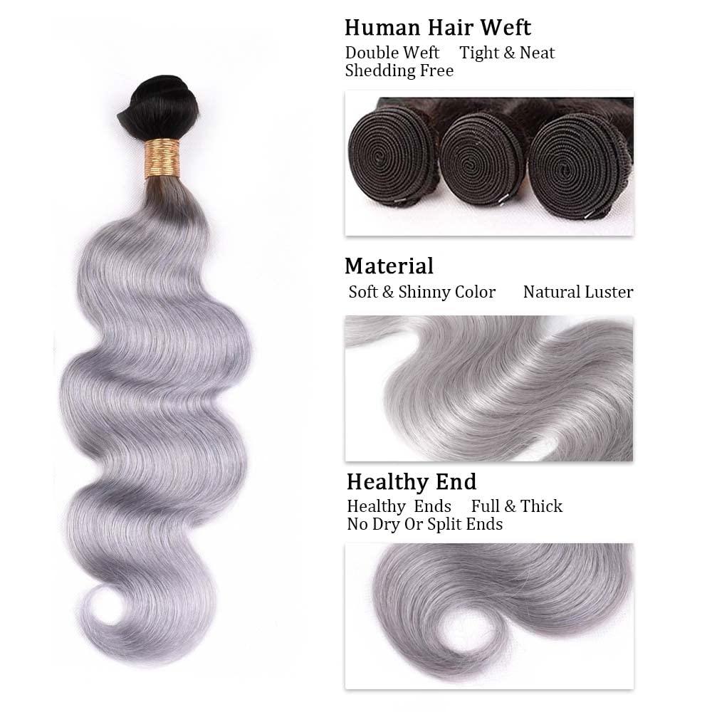MAMART Ombre Grey Human Hair Body Wave Bundles 1B Grey Bundles Human Hair 22 24 26 inch Black to Grey Double Weft No Tangle Bundles Human Hair Wet And Wavy Grey Body Wave Bundles Human Hiar