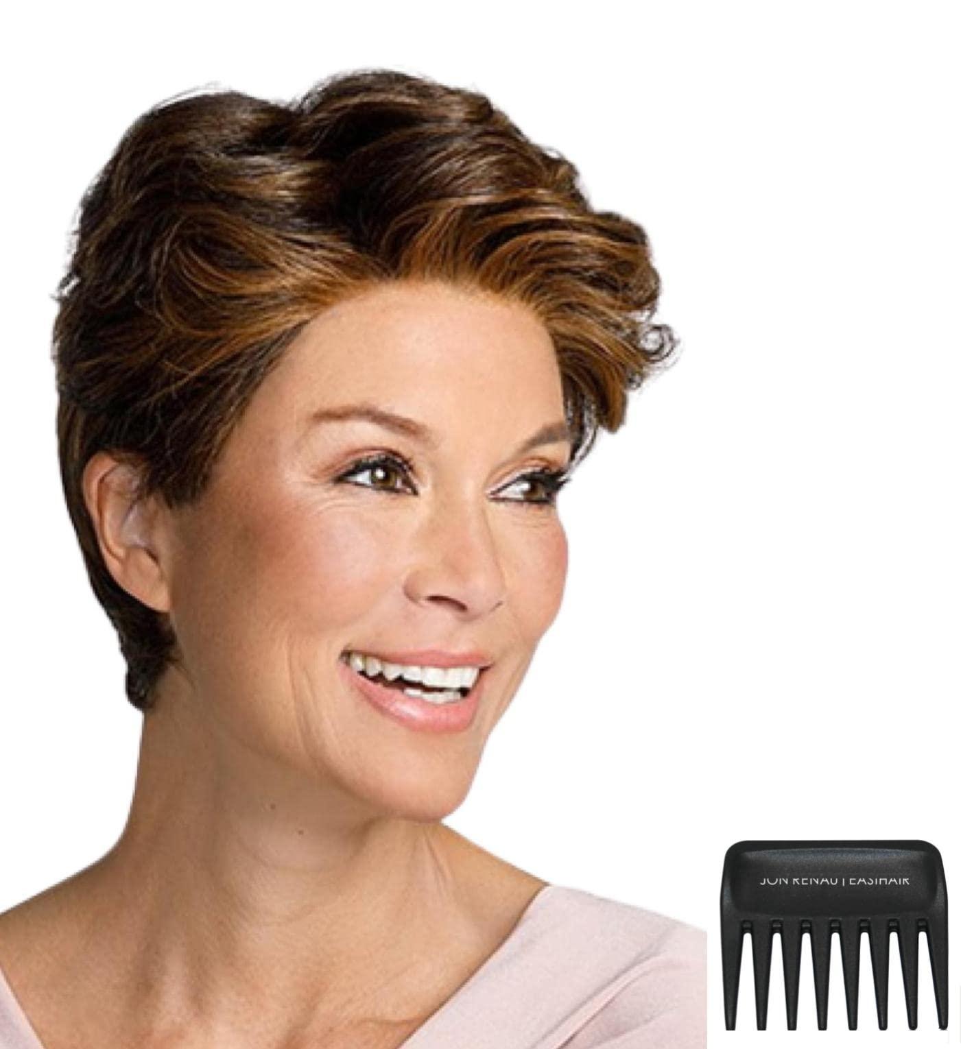 Jon Renau Maxwigs Rita Wig Color 6 Fudgesicle - Jon Renau Wigs 4\" Short Pixie Average Cap Bold Classic Look Heat Friendly Synthetic Smart Lace Front Monofilament Top Bundle MaxWigs Booklet, COmb