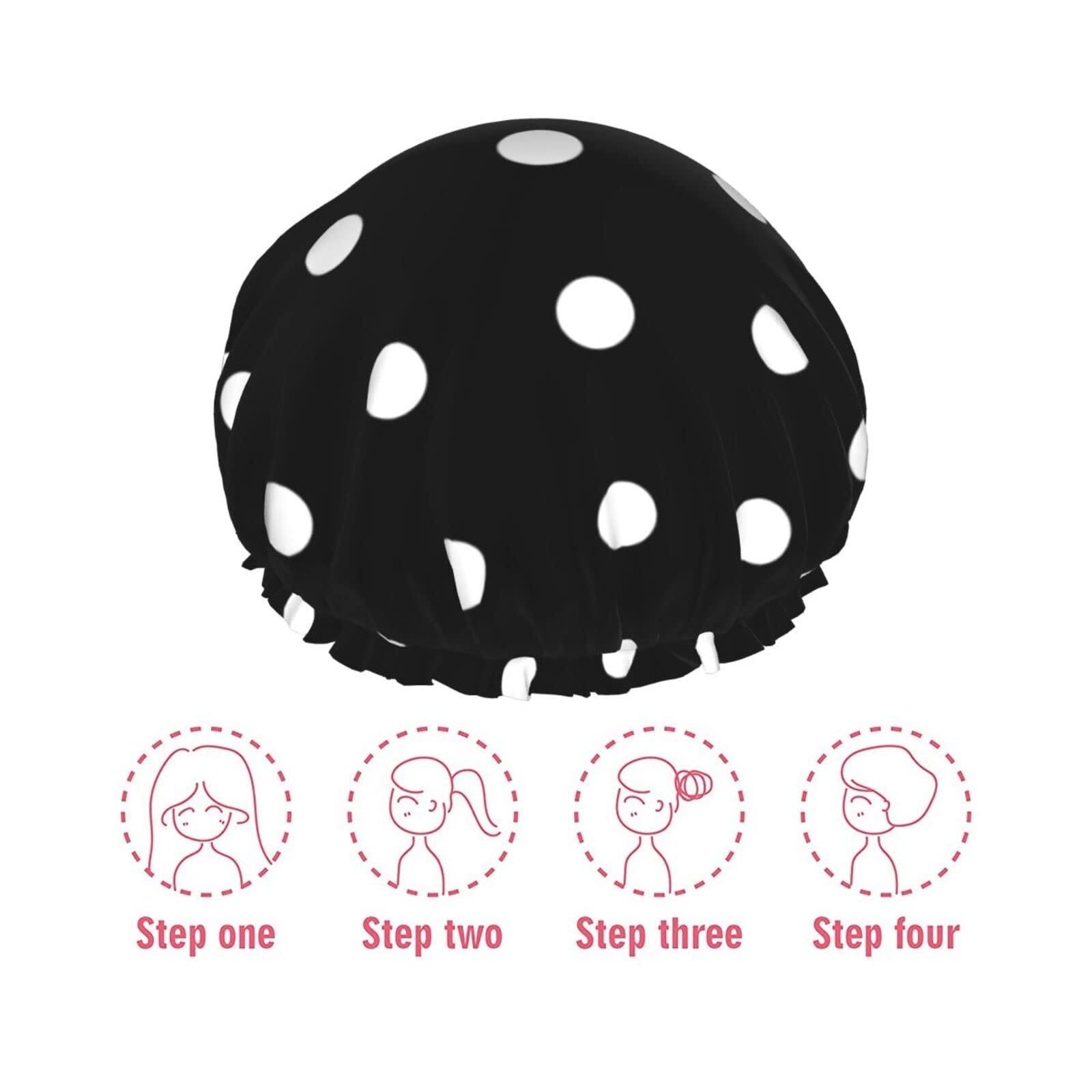 IDNUYIA White Dots Shower Cap For Women, Layers Bathing Shower Reusable Elastic Band Stretch Hem Hair Hat