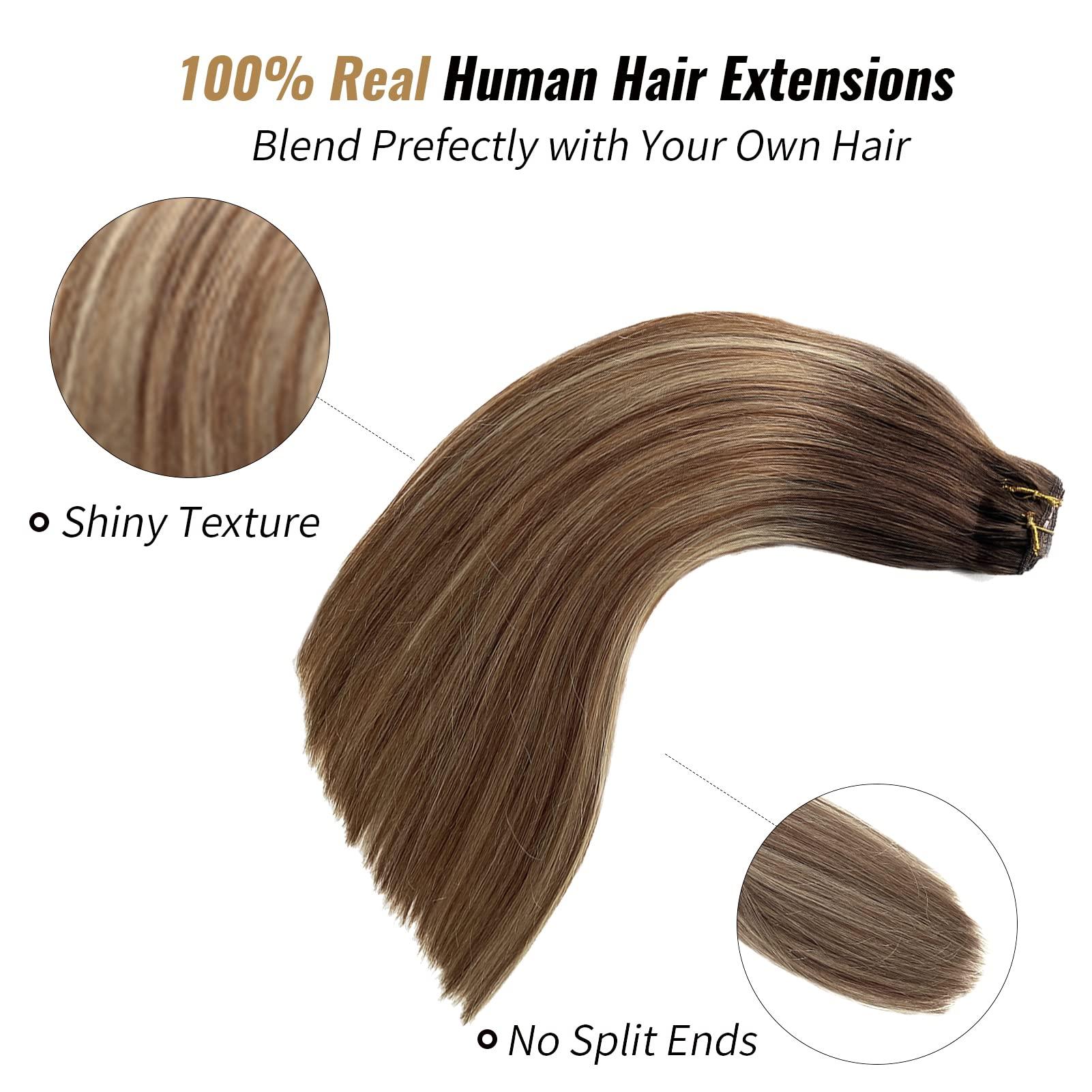 Valiilo Ombre Brown Hair Extensions 4Pcs 100g Clip in Hair Extensions Human Hair Ash Brown with 613 Blonde Highlights Seamless Lace Clip in Hair Extensions Remy Human Hair Extensions 22 Inch #3T8/613