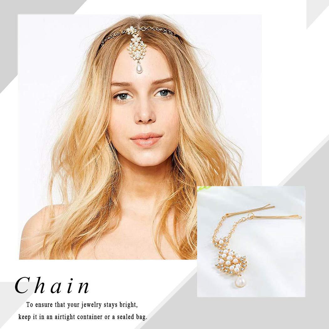 Edary Edary Boho Pearl Head Chain Crystal Clips Headband Gold Jewelry Hair Accessory for Women.