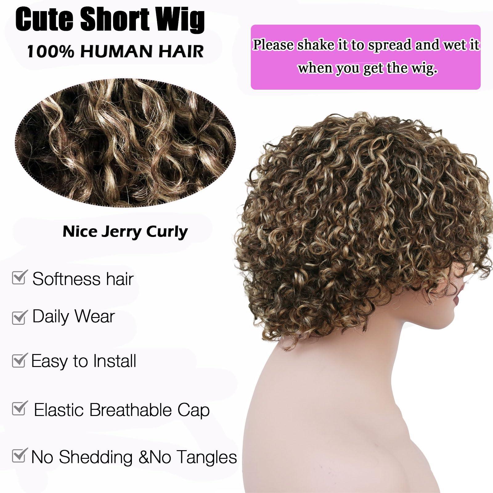 ManeMajesty ManeMajesty 8 Inch Ombre Curly Human Hair Wigs for Black Women Short Kinky Curly Afro Glueless Wig Highlight Brown Mixed Honey Blonde Side Part Jerry Curl Wig -100% Brazilian Human Hair P4/27