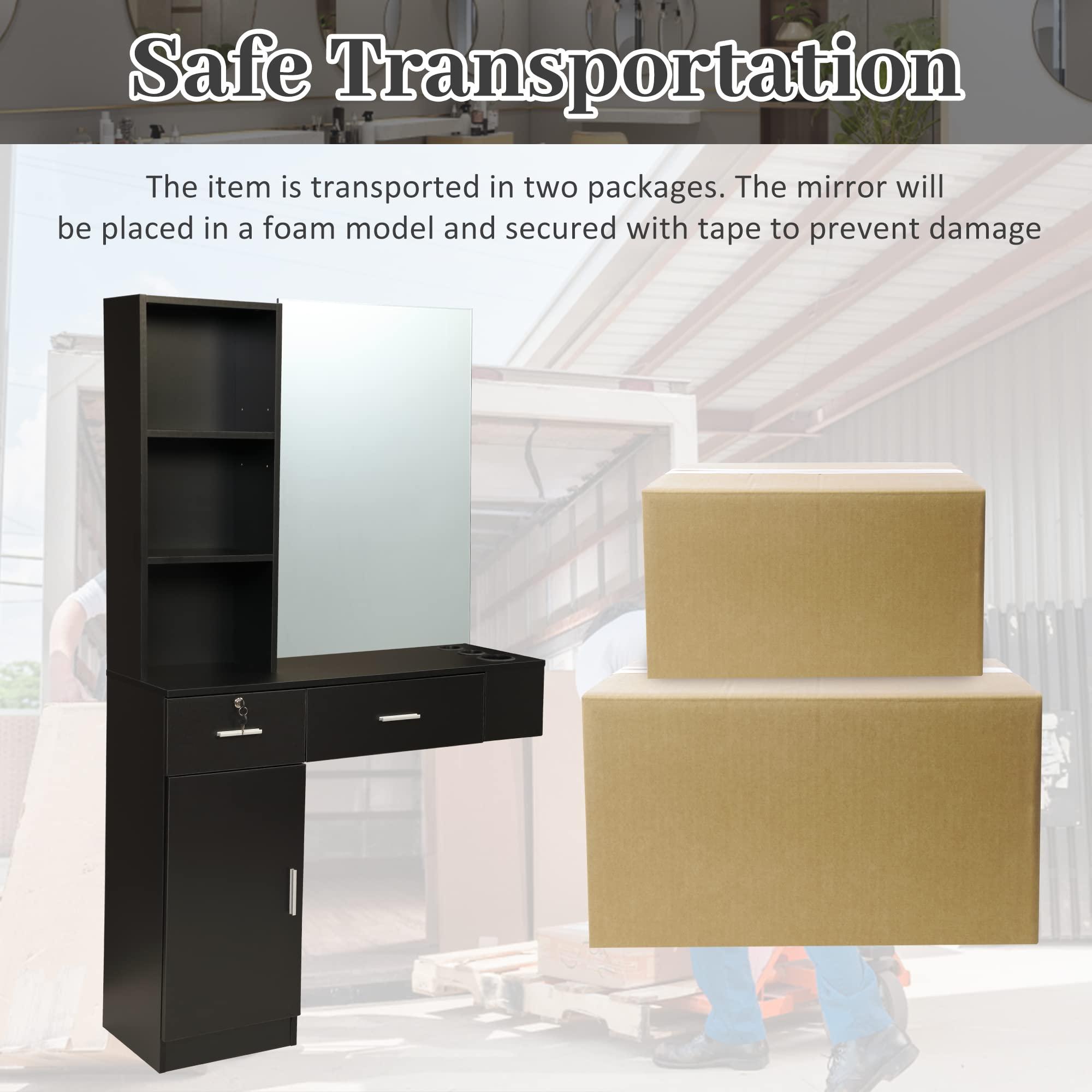 RESHABLE RESHABLE Wall Mount Salon Station with Mirror, Beauty Salon Barber Spa Equipment with Mirror, Shelves, Cabinet, Locking Drawers, Table, Standing Hair Styling Furniture, Black