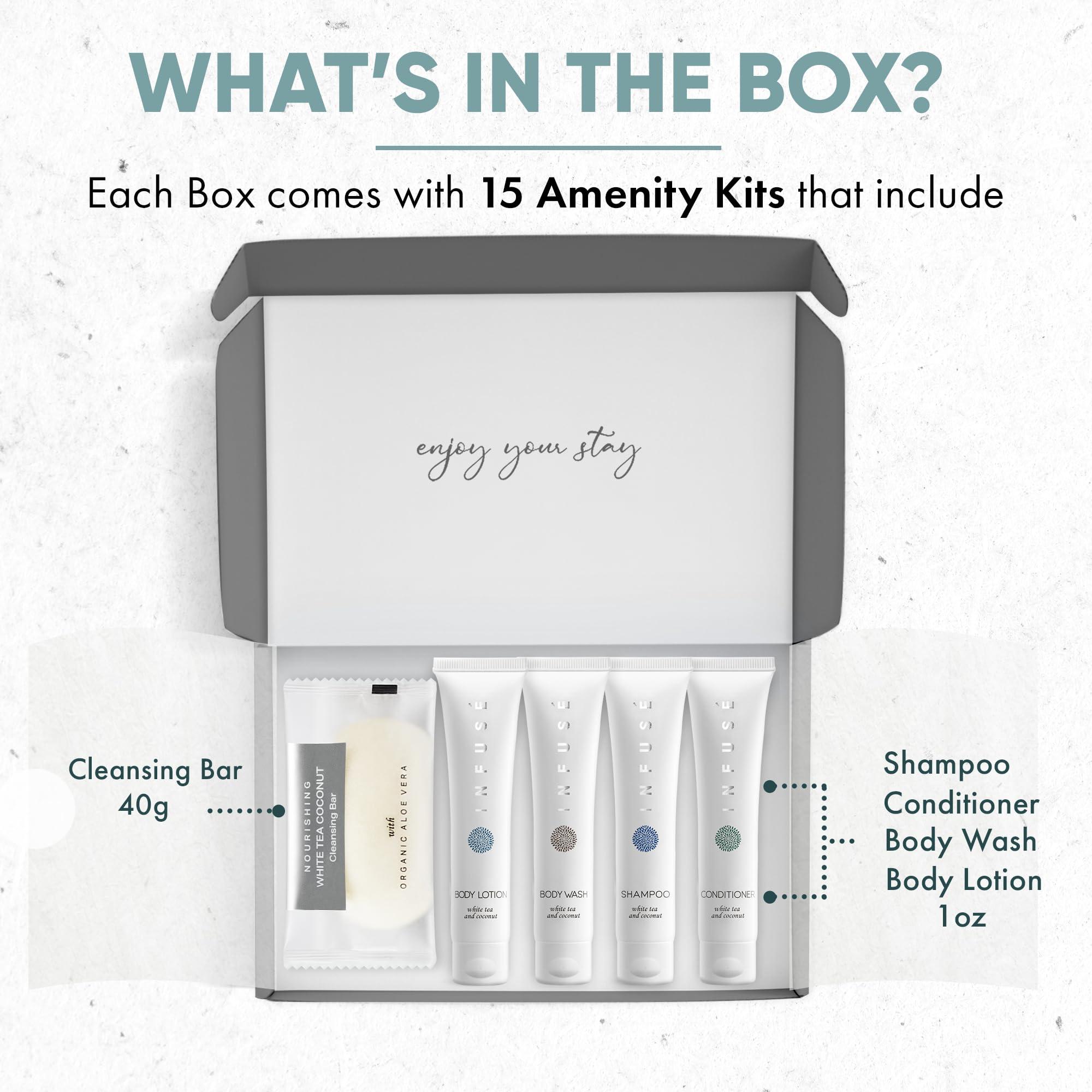 Terra Pure Infuse Amenity Kit | Hotel Bulk Toiletries | 1 oz Shampoo, Conditioner, Lotion, Body Wash, Cleansing Bar Soap for Guest Hospitality Vacation Rentals | 15 Sets/Case