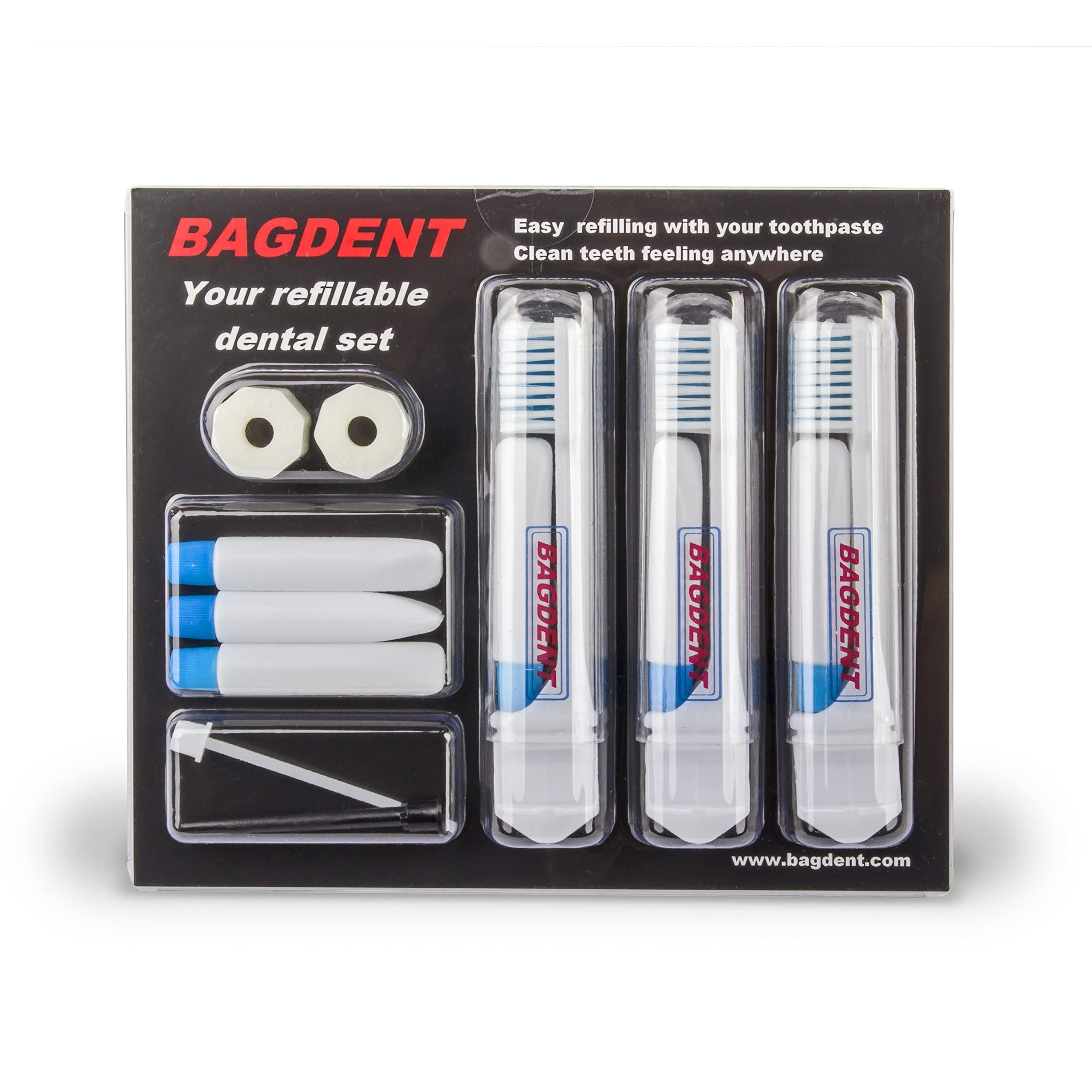 Bagdent Bagdent Travel Toothbrushes and Toothpaste Empty Containers - 11 PCS/Set: 3X Foldable Toothbrushes, 6X Empty Refillable Tubes (0.12oz), 2X Filling Adapters, Travel Set, Emergency Set, Daily Use