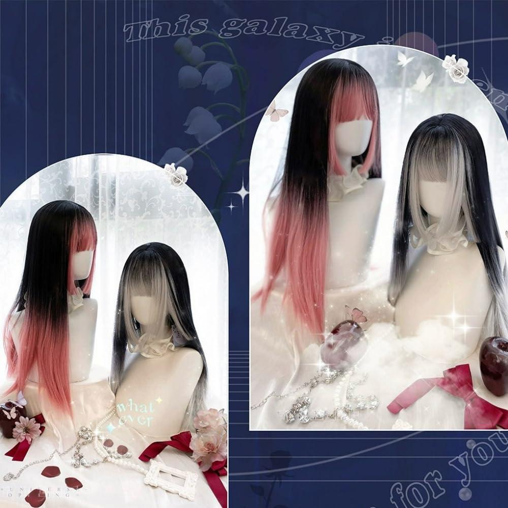 SCORRO SCORRO Hime Cut Split Dye Wig Long Straight Wig with Highlight Bangs, Black Gradient Red Wig, Pink and Black, Purple Black, Gothic Style Y2k Party Wig Lolita Daily Wigs (silver and black)
