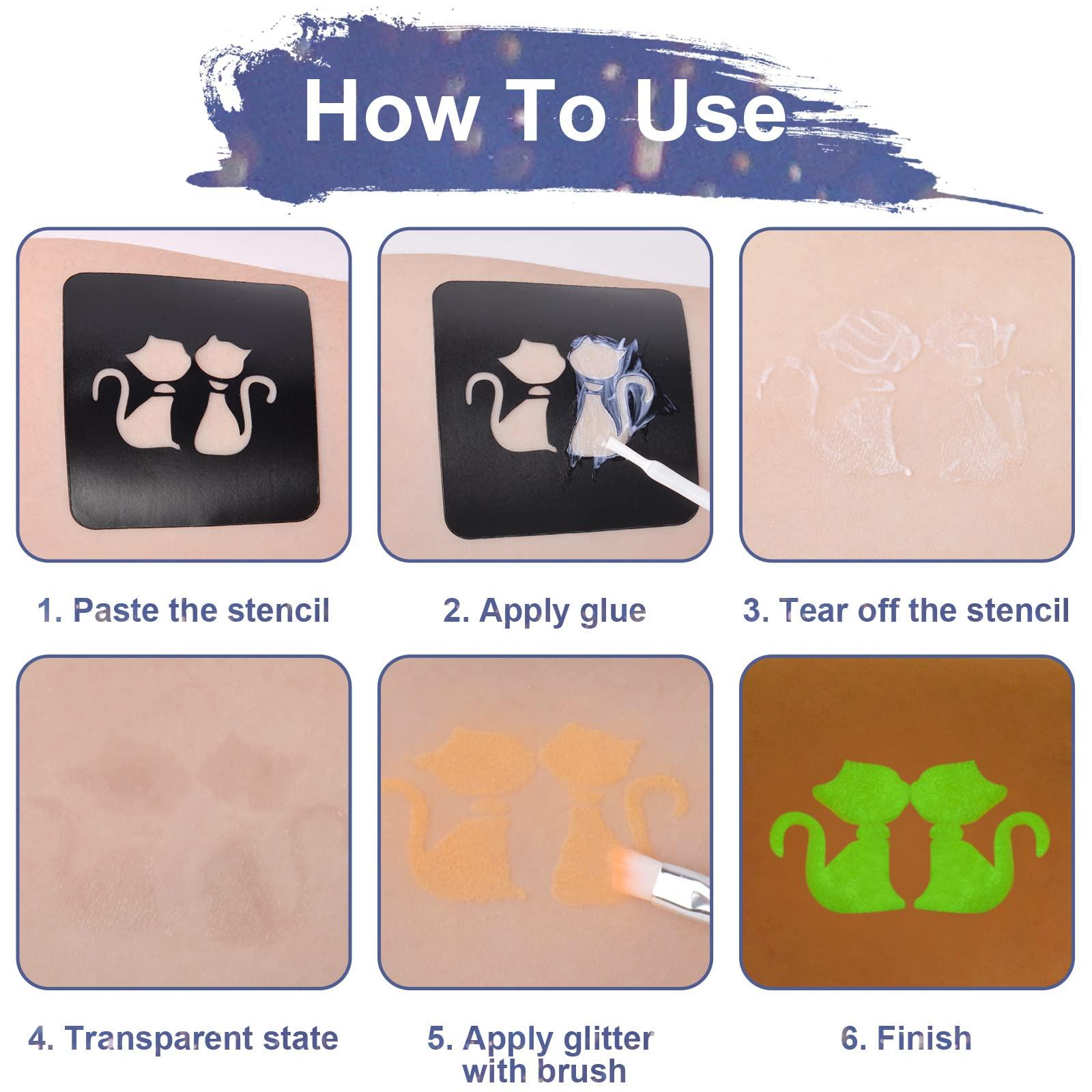 AOMIG AOMIG Glitter Tattoo Kit, Kids Temporary Tattoo Set - 24 Colours Glitter, 8 Fluorescent Powder, 172 Stencils, Unique Body Nail Glitter Safe Body Make-up for Kids and Adults Birthday Party