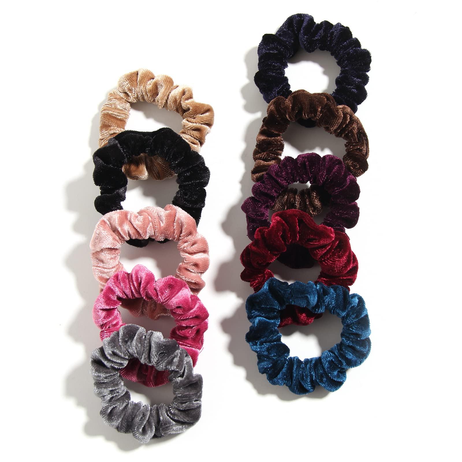 LFOUVRE Pack of 10 Small Velvet Scrunchies for Women Hair Accessories - LFOUVRE Rubber Hair Bands for Thick and Thin Hair, Mini Ponytail Holders with Elastic Hair Ties