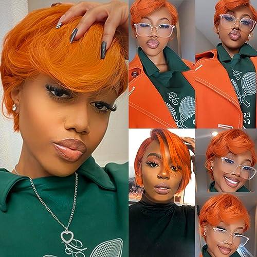 QUEEN MARY QUEEN MARY Pixie Cut Wigs for Black Women Human Hair Ginger Orange Lace Front Wigs Human Hair 13x4x1 Straight Bob Wigs Human Hair Side Part Ginger Orange Straight Bob Wig 6Inch