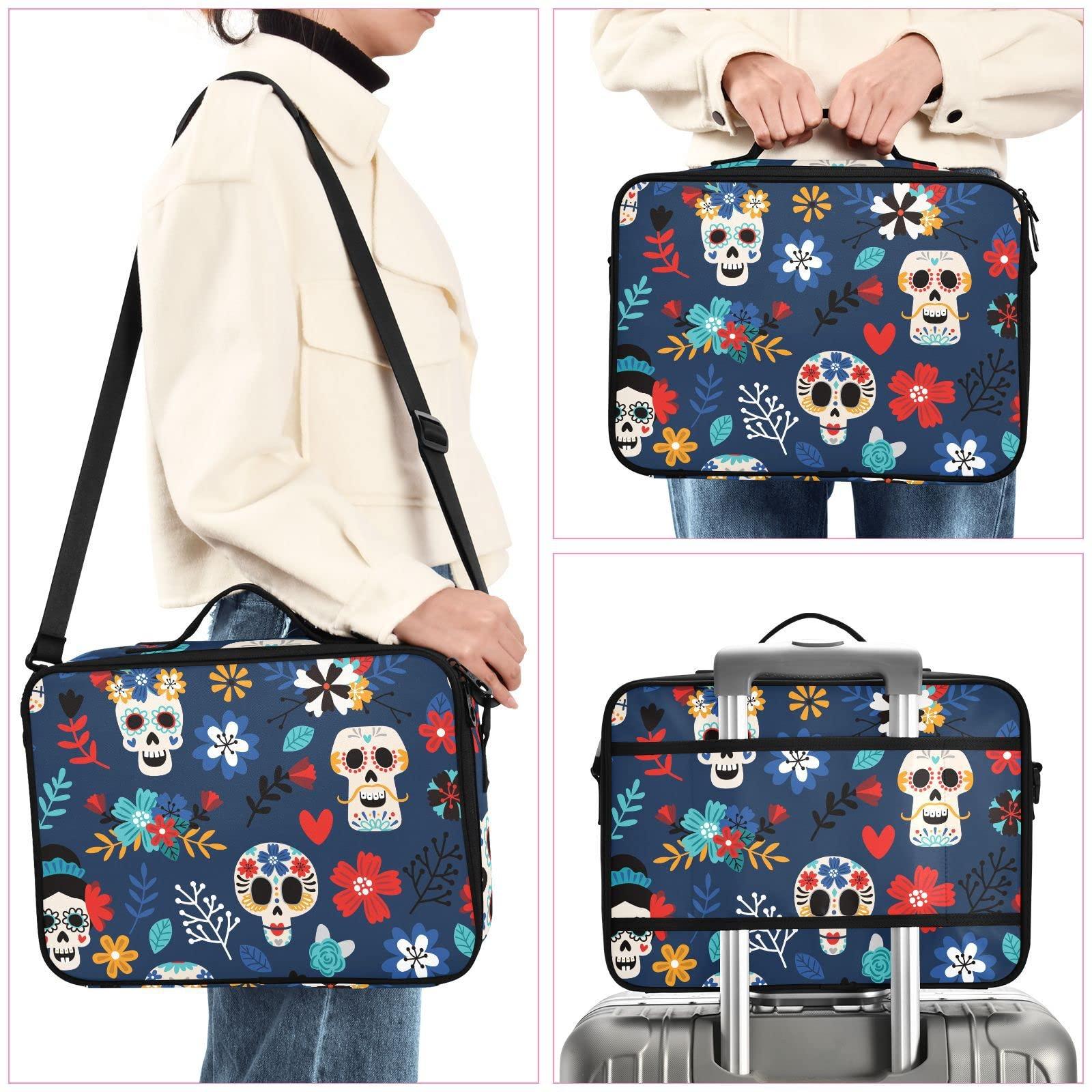 QwThum QwThum Travel Makeup Train Case Large Makeup Bag Cosmetic Organizer Box Professional Artist Cosmetic Organizer Box with Adjustable Dividers Shoulder Strap Some Blue Skull