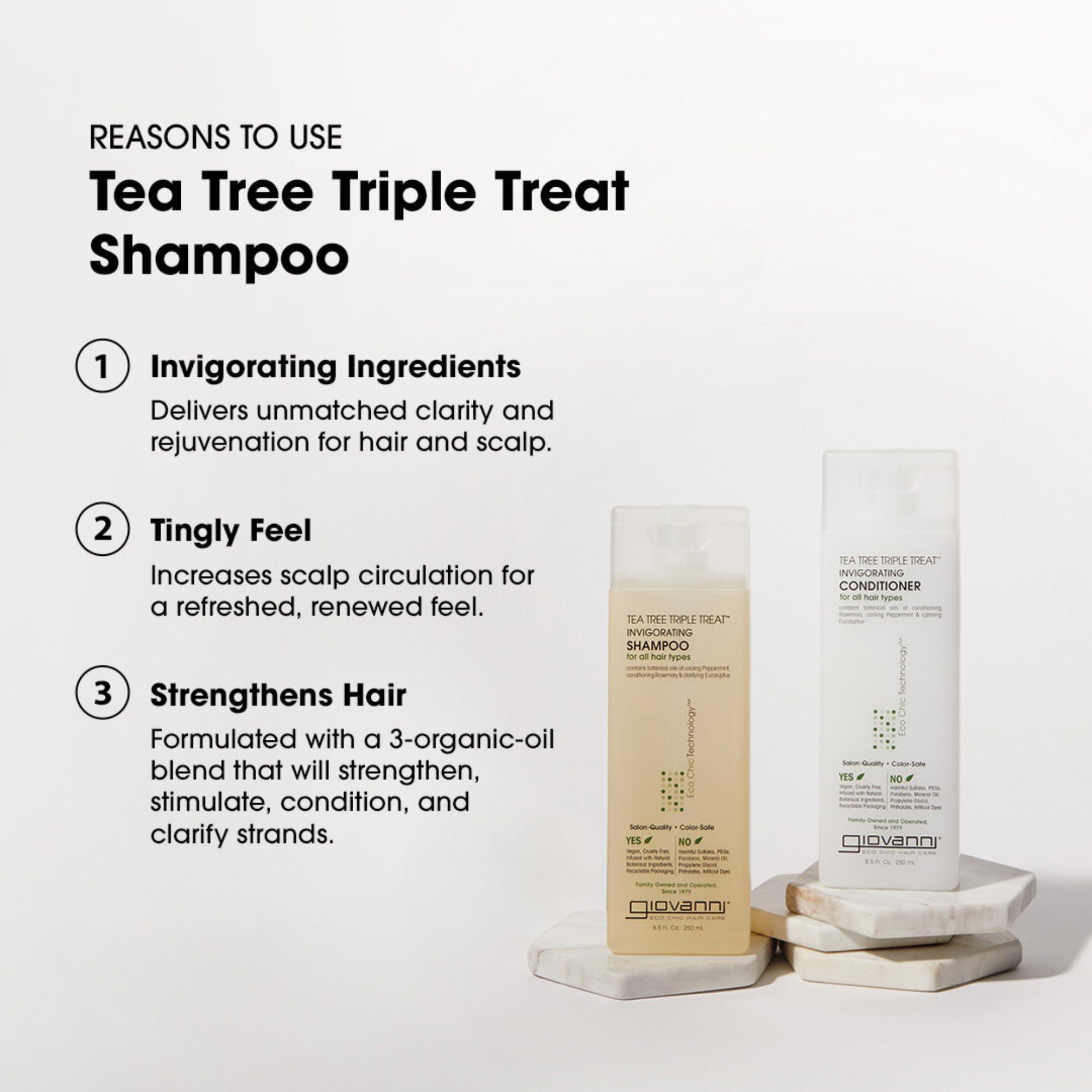 GIOVANNI GIOVANNI Tea Tree Triple Treat Invigorating Shampoo - Cooling Peppermint, Eucalyptus & Rosemary, Helps Strengthen & Rejuvenate Hair & Scalp, Salon Quality, Paraben Free, Tea Tree Shampoo - 24 oz