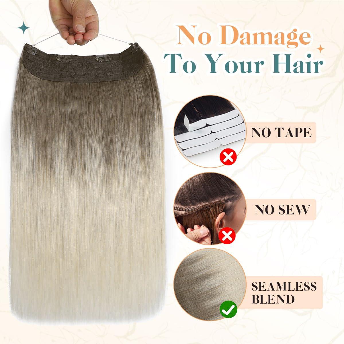 sindra Sindra Invisible Wire Hair Extensions Ombre Blonde Human Hair Wire Extensions Light Brown to Platinum Blonde Ombre Hair Extensions With Adjustable Clips One Piece Hair Extensions 70g Wire16#8T60