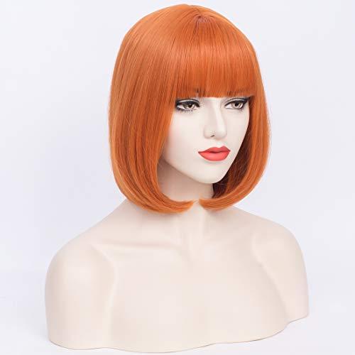 PATTNIUM PATTNIUM 12 Inches Orange Bob Wig Short Orange Wig with Bangs for Women and Girls Heat Resistant Synthetic Bob Wig (Orange)