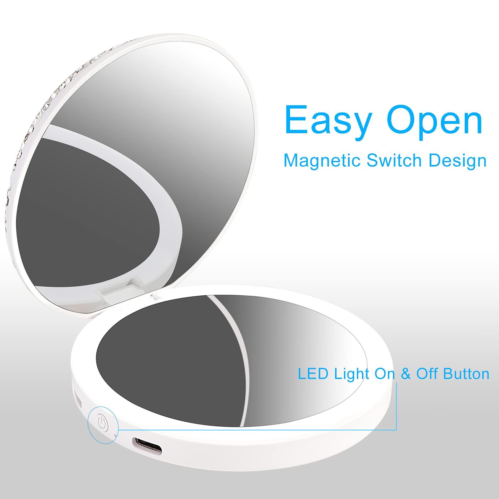 QearFun QearFun Luxurious Rhinestone LED Lighted Compact Mirror,Bling Portable Travel Makeup Mirrors,3.5 inch Rechargeable Mini Magnifying Pockets Mirror,Sparkly Beauty for Women,Wedding Favors for Guests