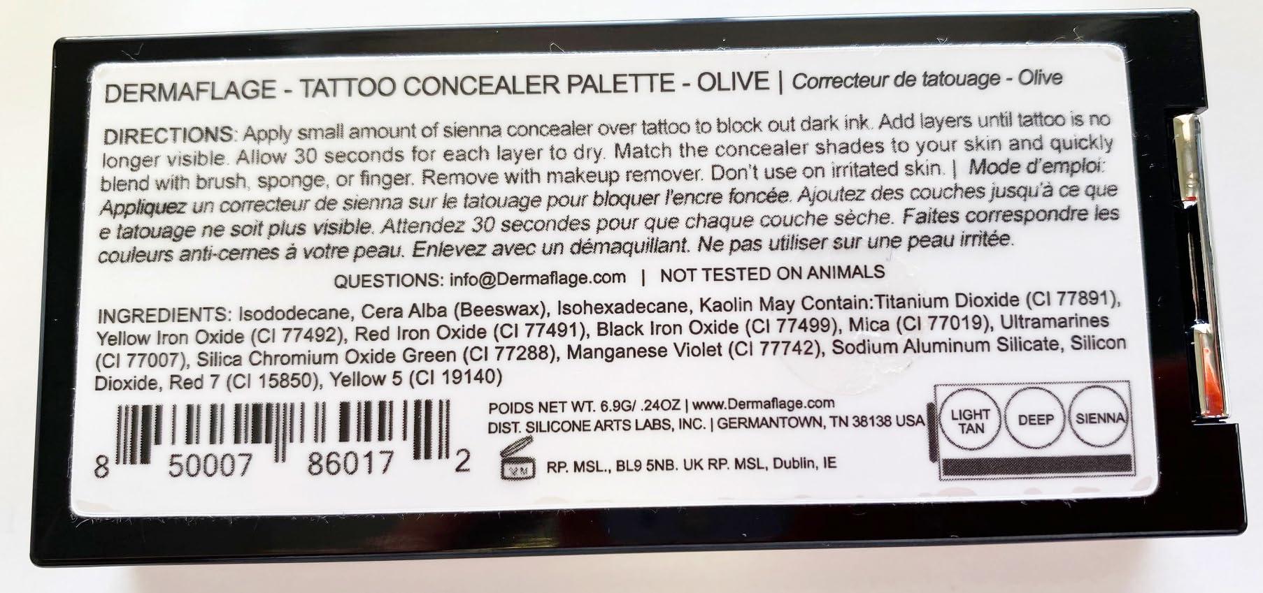 Dermaflage Dermaflage Tattoo Cover Up Makeup (Olive) - Bruise Full Coverage Concealer - Full Coverage Waterproof Concealer for Bruise, Scar & Acne - Smudge Proof Body Makeup Palette with 3 Pro SFX Shades + Brush