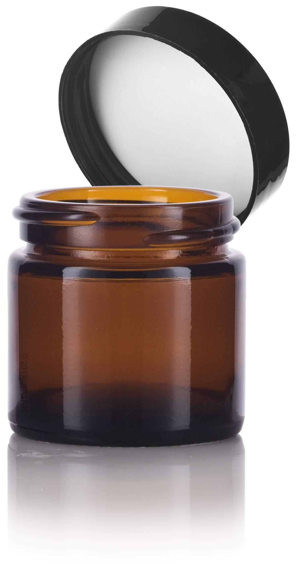 JUVITUS 1 oz / 30 ml Amber Thick Wall Glass Straight Sided Jar with Black Smooth Lined Lids (12 Pack)