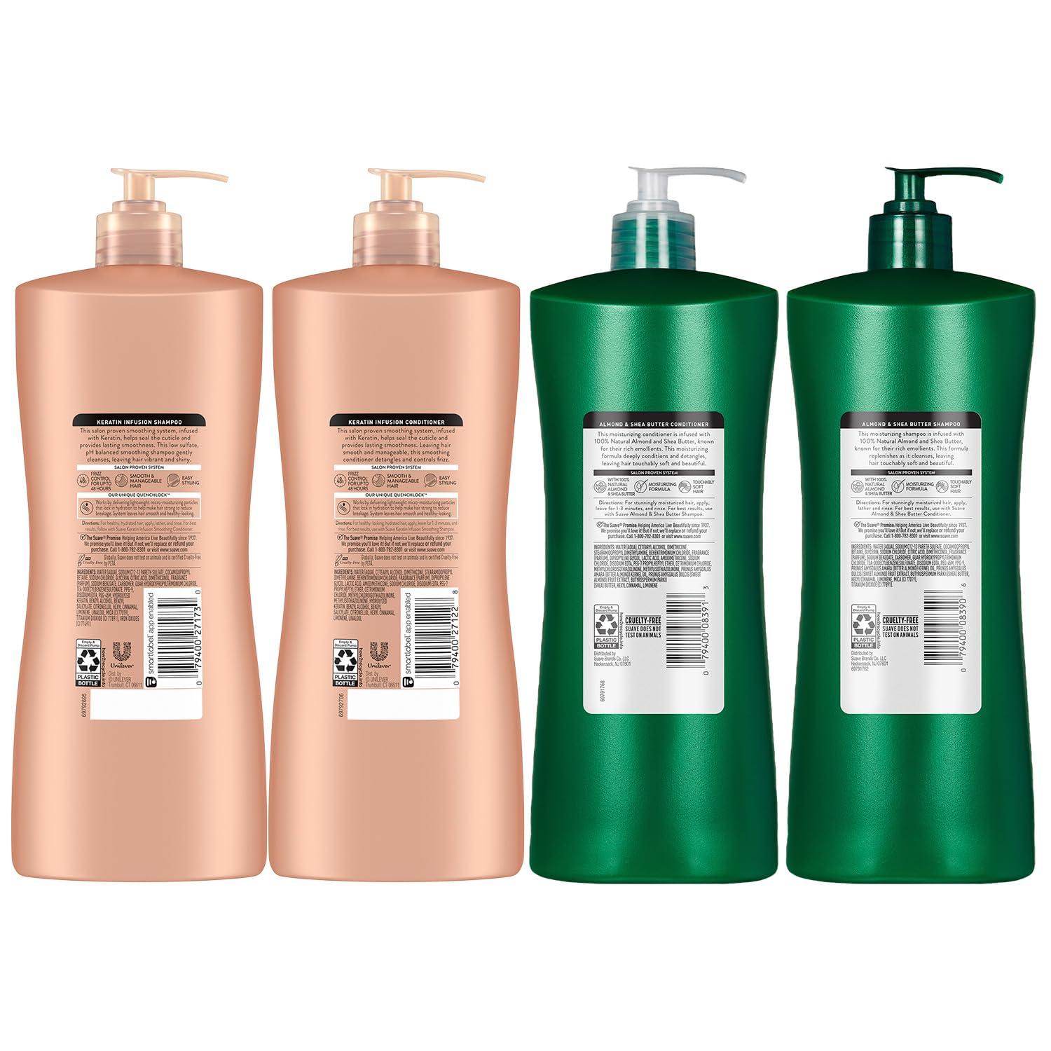 Suave Suave Shampoo and Conditioner Set, Keratin Infusion + Almond & Shea Butter Frizz Control and Moisturizing Hair Care Bundle, 28 Oz Ea (4 Piece Set)