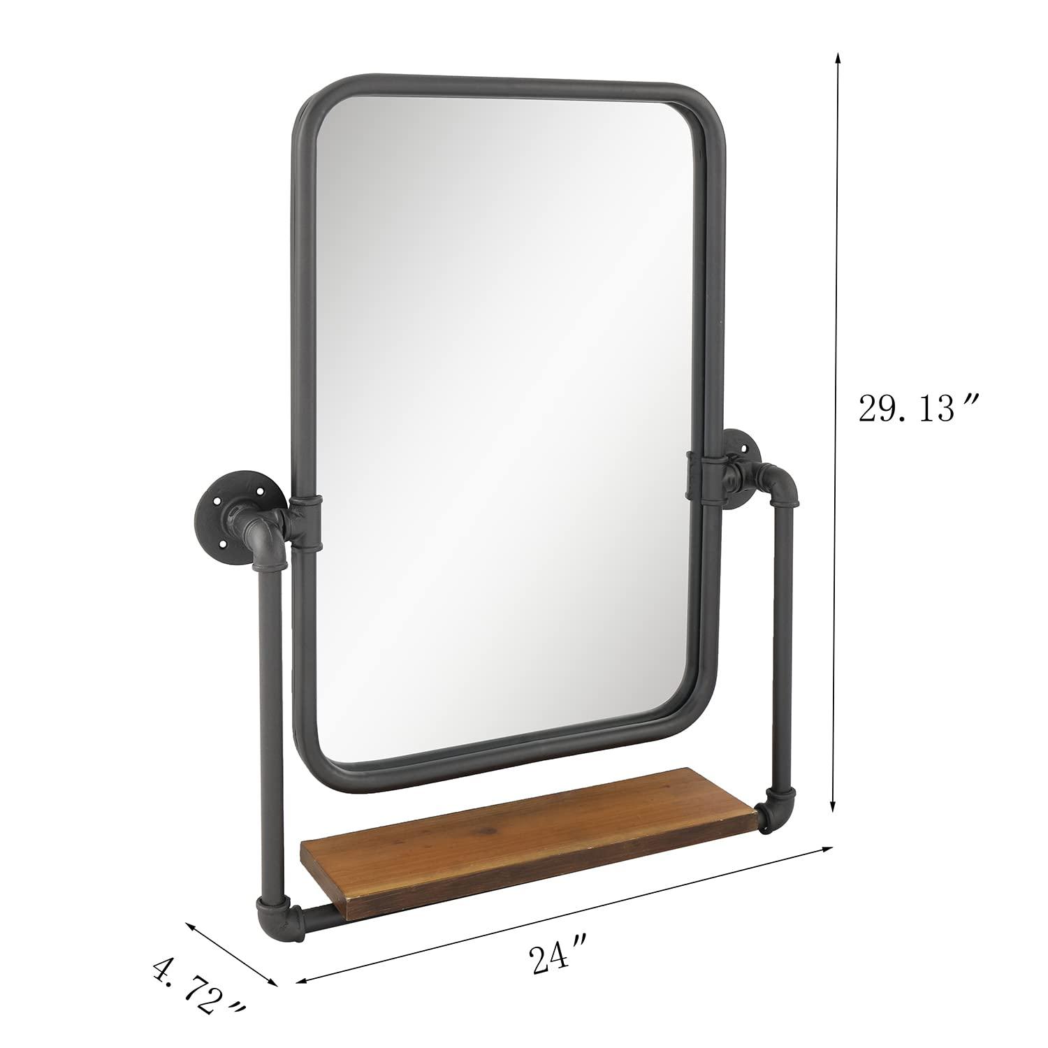 LuuLake LuuLake Rectangle Industrial Black Metal Pipe Hanging Wall Mirror Bathroom Mirror with Shelf Farmhouse Wall Decor