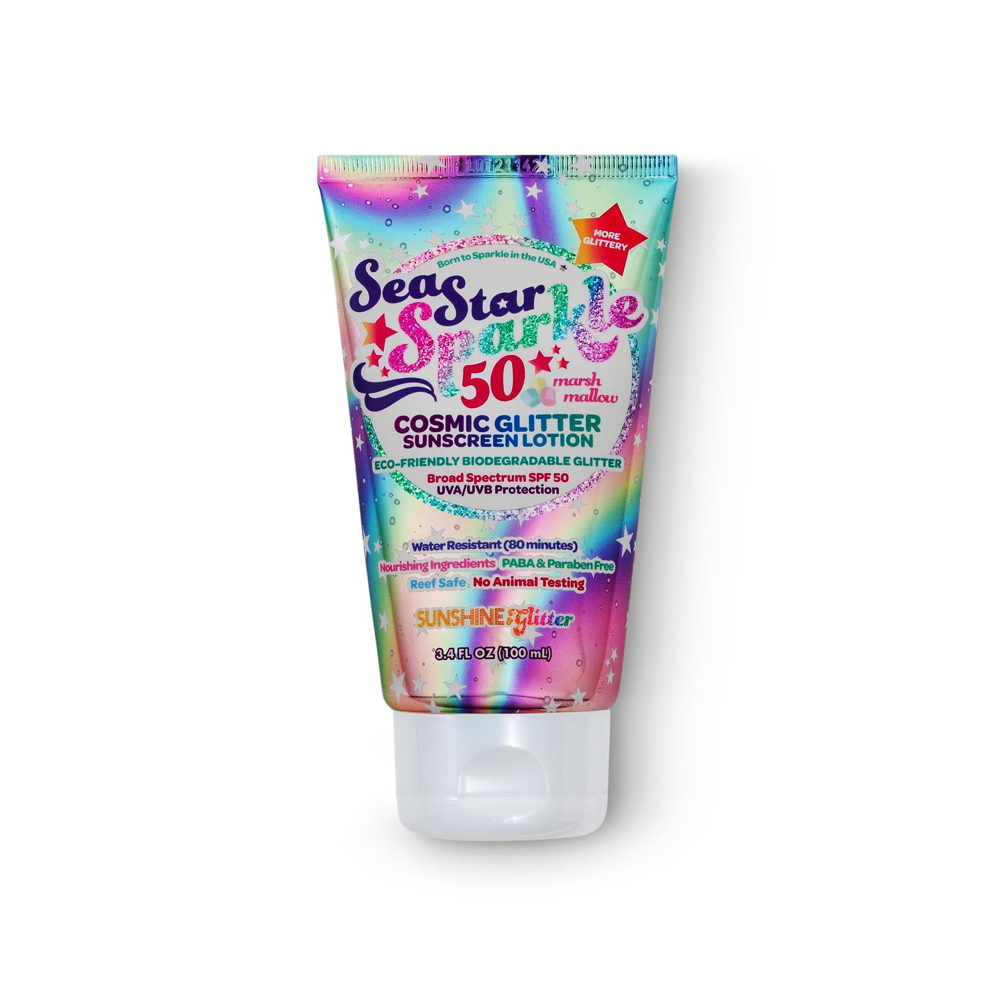 Sunshine & Glitter Seastar Sparkle - Cosmic Marshmallow Scented Glitter Sunscreen Lotion - SPF 50 - Biodegradable Sunscreen, Kids, Water Resistant, Glitter lotion, Cruelty Free, Kids Lotion, Made in USA, 3.4oz