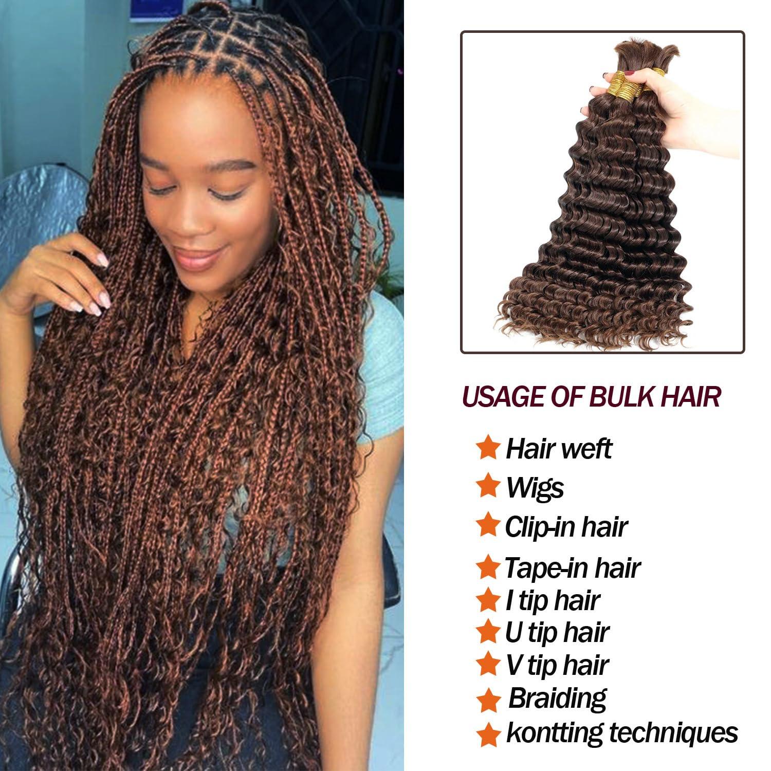 Beaushine Beaushine Human Braiding Hair for Boho Braids, Color 4 Deep Wave Bulk Human Hair for Braiding,22 inch,100g, 12A Grade Chocolate Brown Deep Curly Boho Braids Human Hair