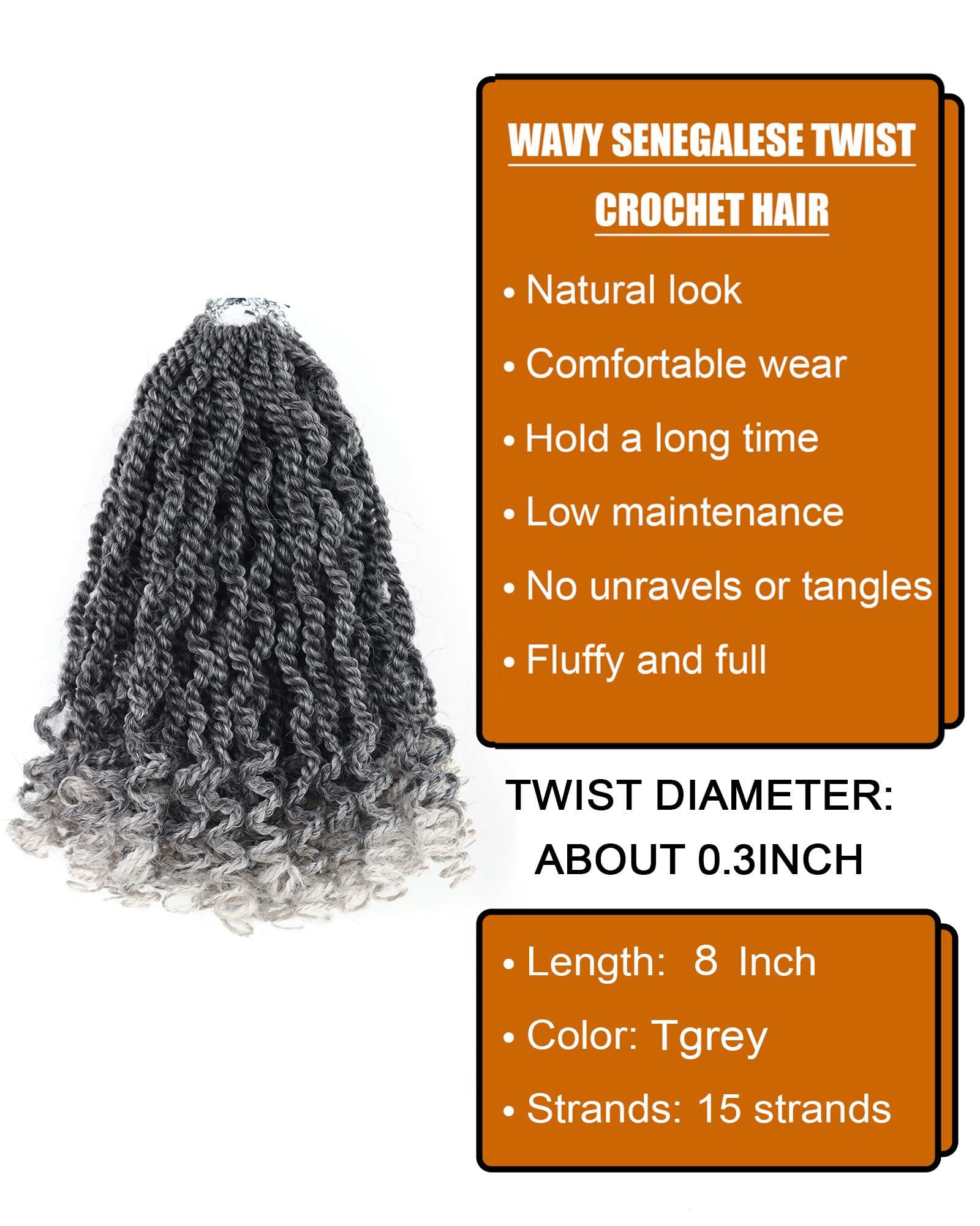 Aeagoo Wavy Senegalese Twist Crochet Hair Pre Looped Curly Ends 8 Inch 8 Packs Crochet Twist Hair for Black Women Long 2 Strand Twist Crochet Hair (8 Inch,Tgrey)