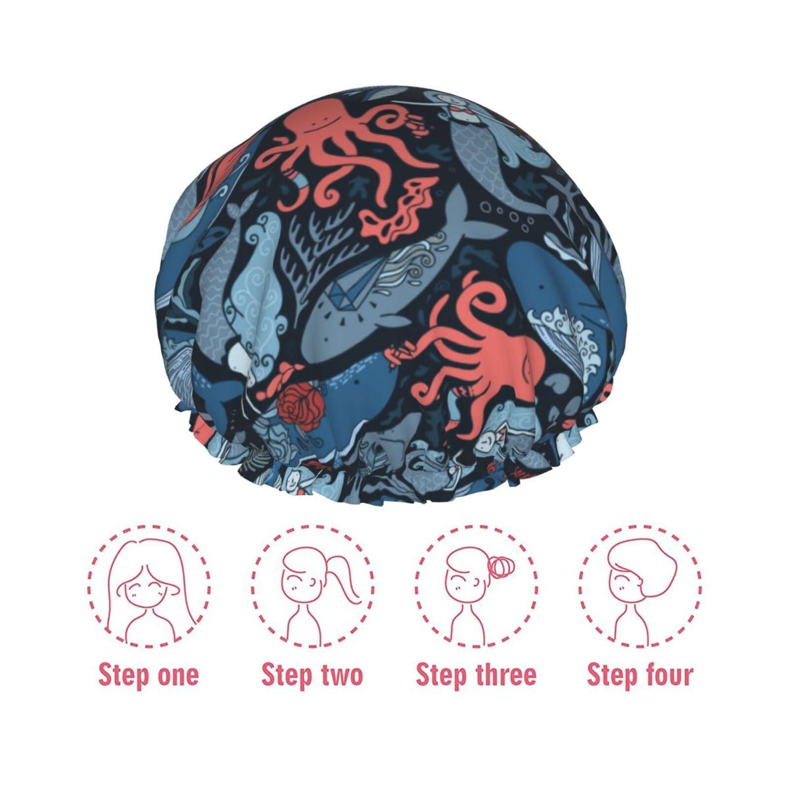 PAILON Octopus Sharks Whales Large Shower Cap For Women Men Reusable Shower Caps Waterproof Shower Cap For Braids & Long Hair shower bonnet with PEVA lined&Elastic Band Fashion showercap