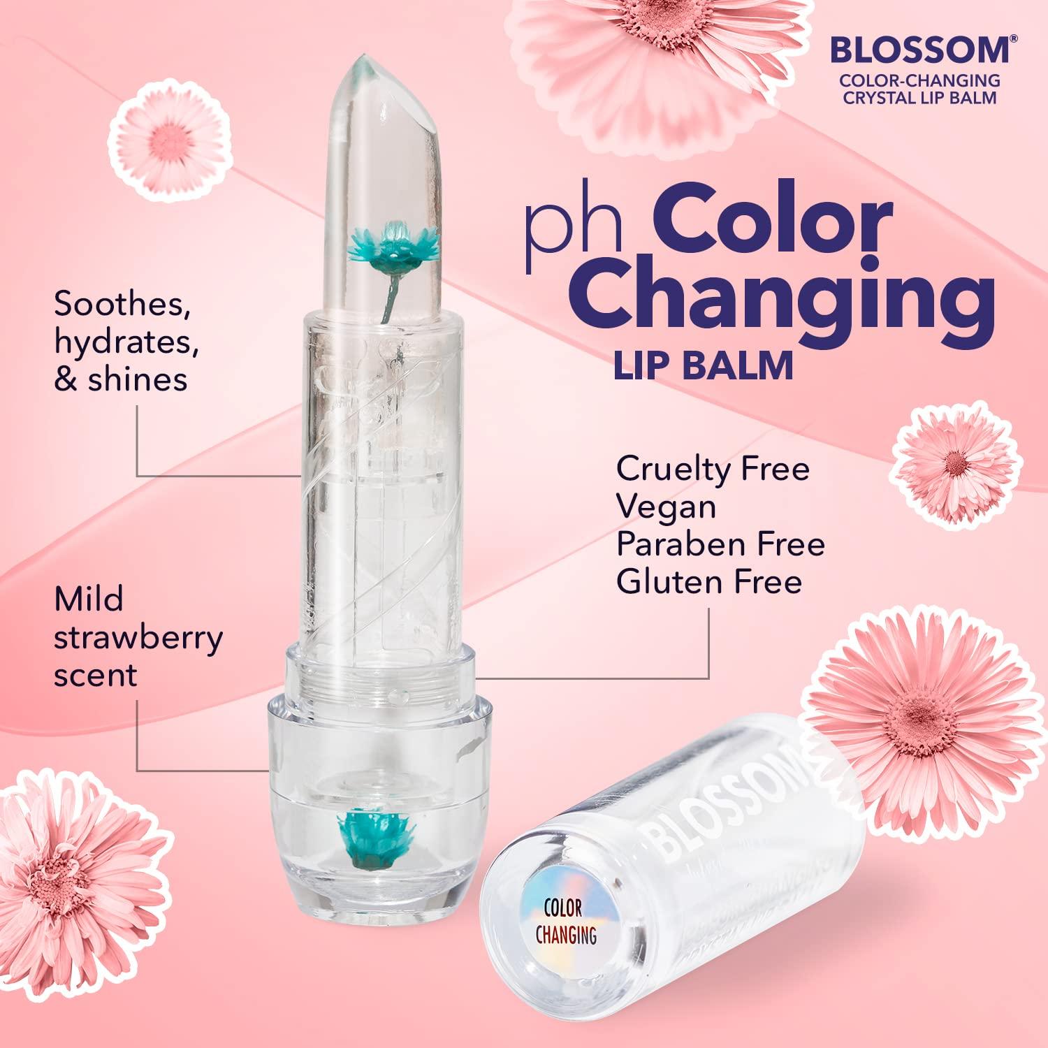 Blossom Blossom Lip Gloss Moisturizing pH Lip Balm, Strawberry Scented Color Changing Crystal Lip Stain Tint, Infused with Real Flowers, 3g, Turquoise