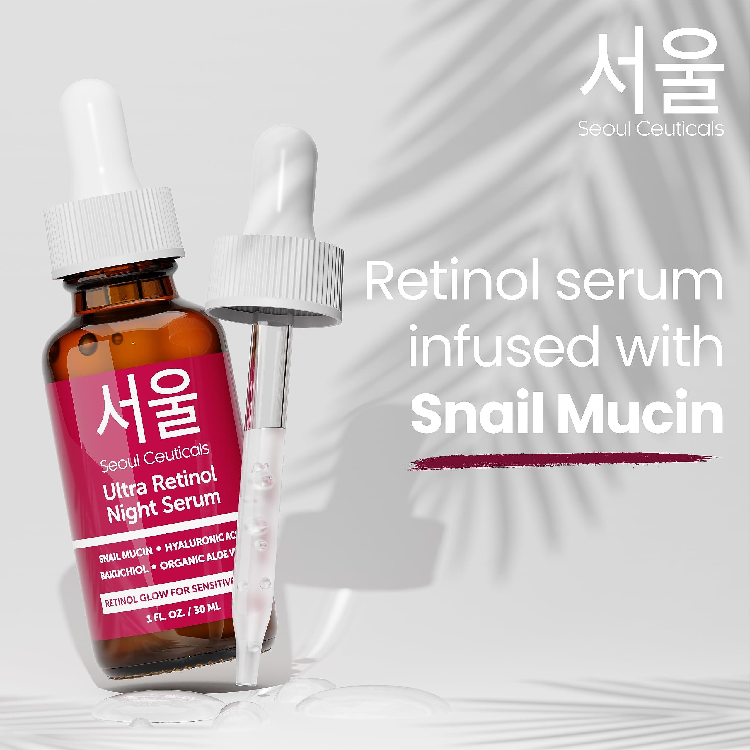SeoulCeuticals SeoulCeuticals Korean Retinol Night Serum + Retinol Night Cream for Face + 97.5% Snail Mucin for Sensitive Skin