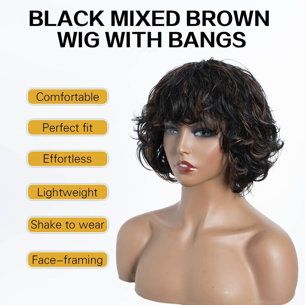 JOEDIR HAIR JOEDIR HAIR Short Curly Wave Bob Wig with Bangs Pixie Cut Human Hair for Women Short Curly Bangs Wigs Curly Bob Glueless Wig 150% Density (Black mixed Brown)
