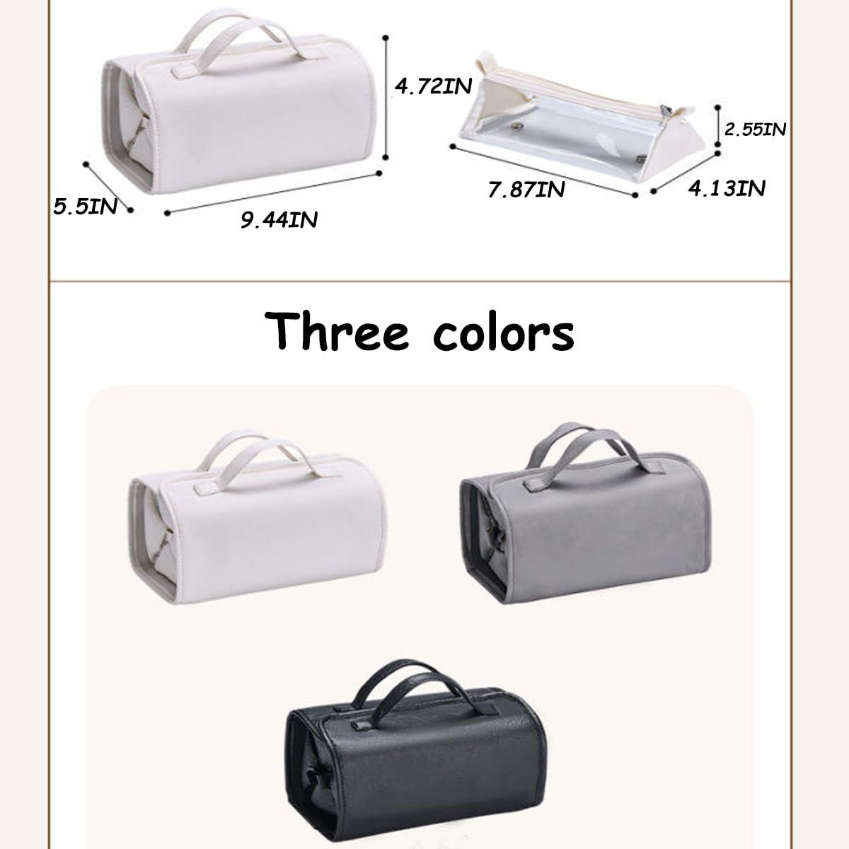 Generic Leather Waterproof Cosmetic Bag, Roll Up Toiletry Makeup Hanging Bag With Compartments, Multi Travel Roll Up Bag (White)