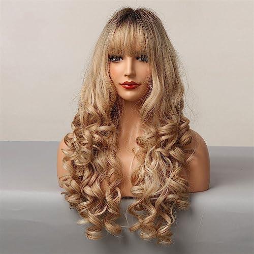 SJDPZ69KJ SJDPZ69KJ Wig 25inch Ombre Brown Champagne Blonde Highlight Long Loose Wave Synthetic Hair Wigs with Bang Heat Resistant Fake Hair for Women for Women Natural Looking Wigs
