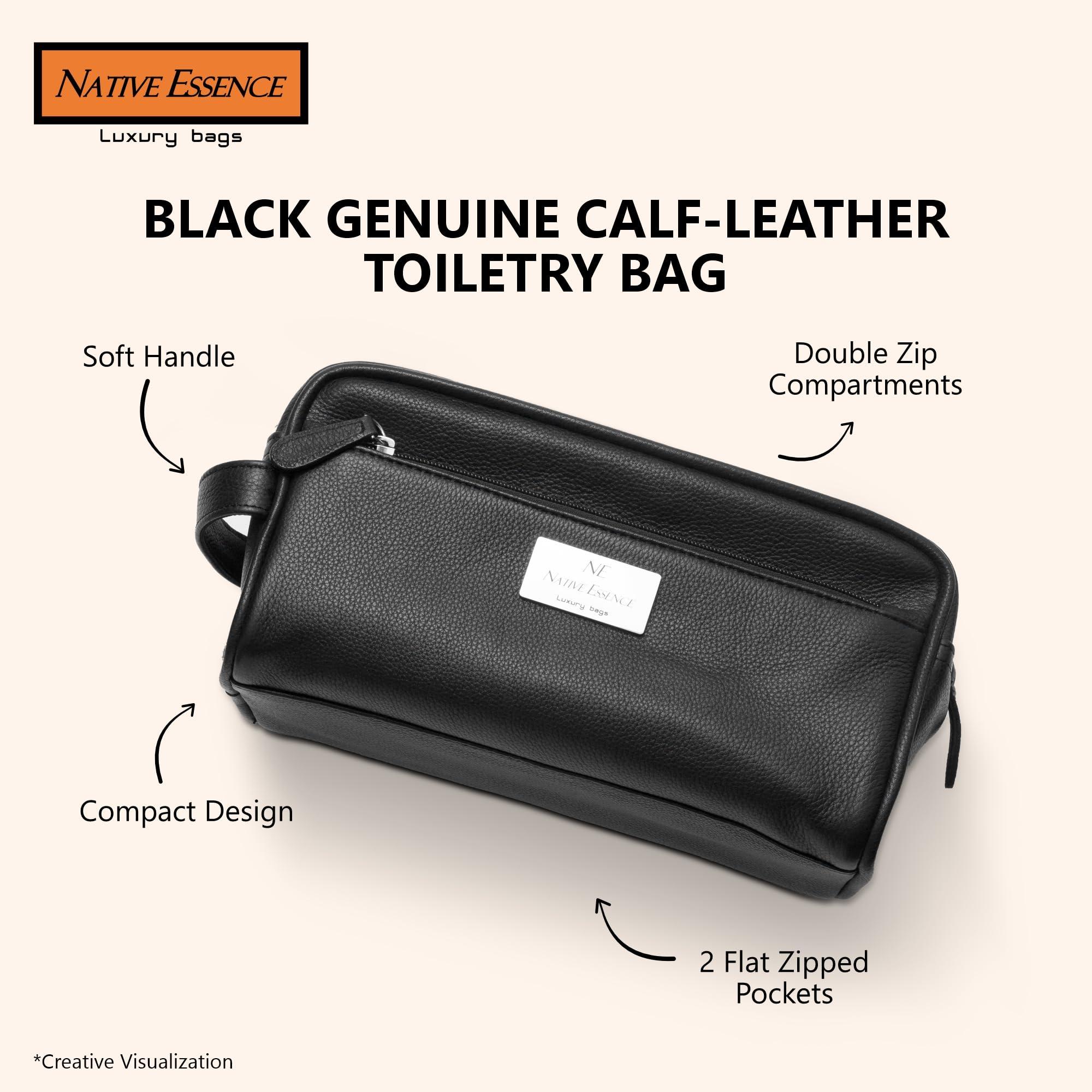 NATIVE ESSENCE Leather Toiletry Bag, Black Genuine Calf Leather Travel Bag, Handmade DOPP Kit for Travel, Cosmetic Pouch, Luxury Shaving Bag, Bathroom Organizer, Stylish Grooming Kit for Men and Women Gift Packed
