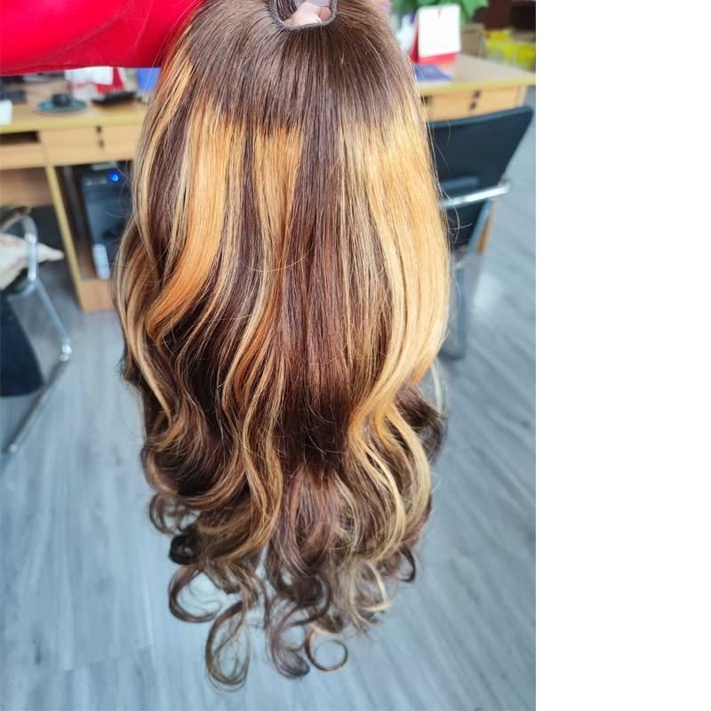UMRHair 20inch Ombre Highlight U Part Wig Human Hair Body Wave for Women 4/27 Balayage Brown Blonde 180% 1X4 U Open Full Head Upart Natural Hair Half Wig Clips In Scalp Protective Beginner Friendly