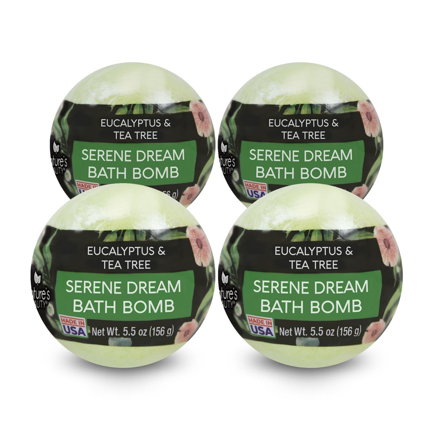 Nature's Beauty Nature's Beauty Eucalyptus & Tea Tree Bath Bomb Multi-Pack- Natural Hand Crafted, Non-Staining, Luxury Fizzy Spa Bomb, Sooth + Restore Skin, Made w/Coconut Oil & Witch Hazel, 4.6oz (4 Pack)