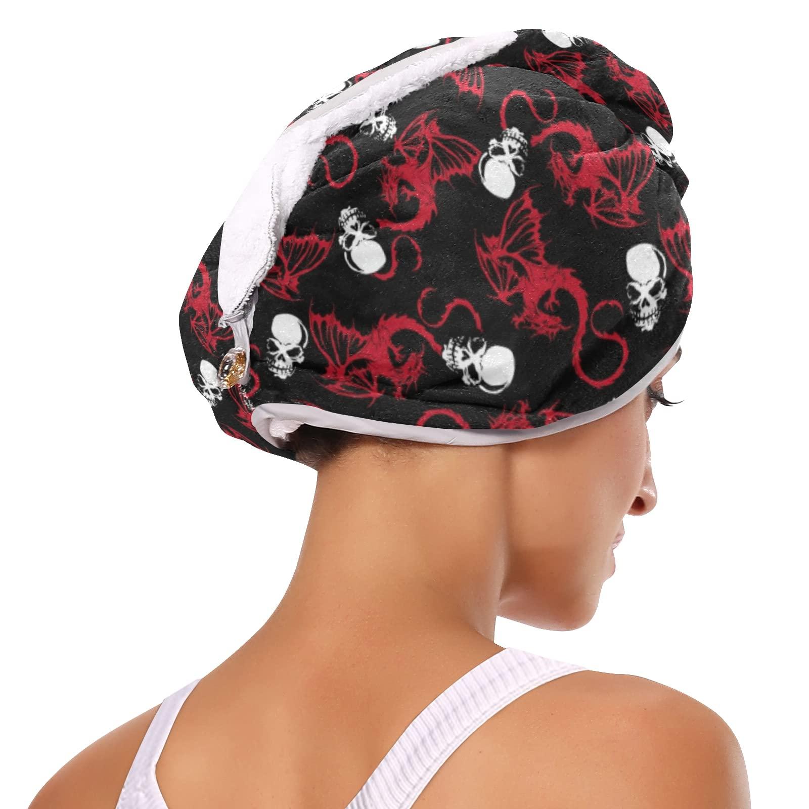 Poeticcity Seamless White Skull and Red Wing Flying Dragon on Dark Black 2 Packs Hair Towel Wrap, Absorbent Turban Bath Hair Towel Hat, Quick Drying Hair Towel with Button for Curly, Long, Thick Hair