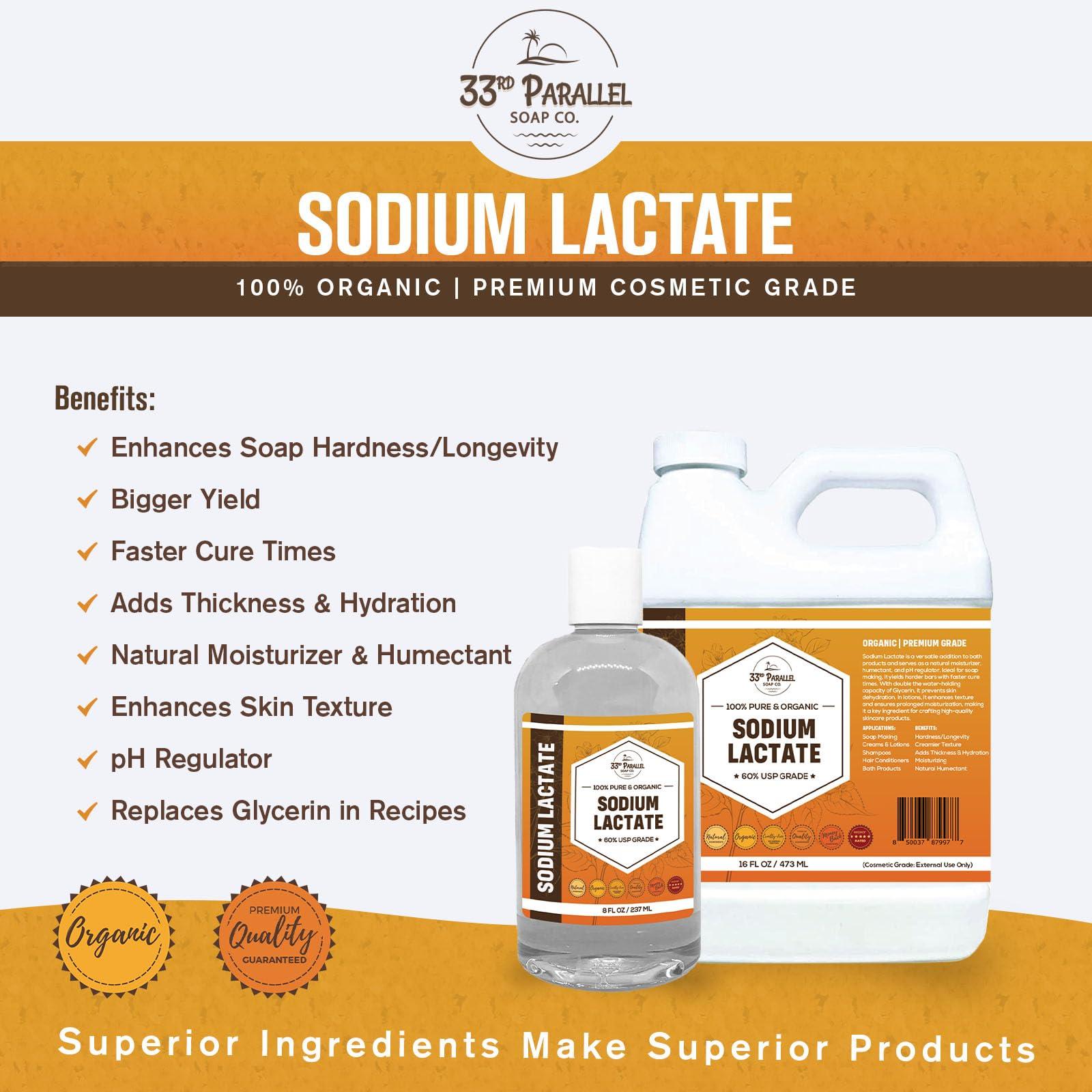 33RD PARALLEL SOAP CO. Sodium Lactate (16 oz) for Soap Making & Lotions, Premium Sodium Lactate Liquid, 60% Concentration, Cosmetic Grade, Moisturize Anti-Aging, Makes Soap Harder | 16 FL OZ