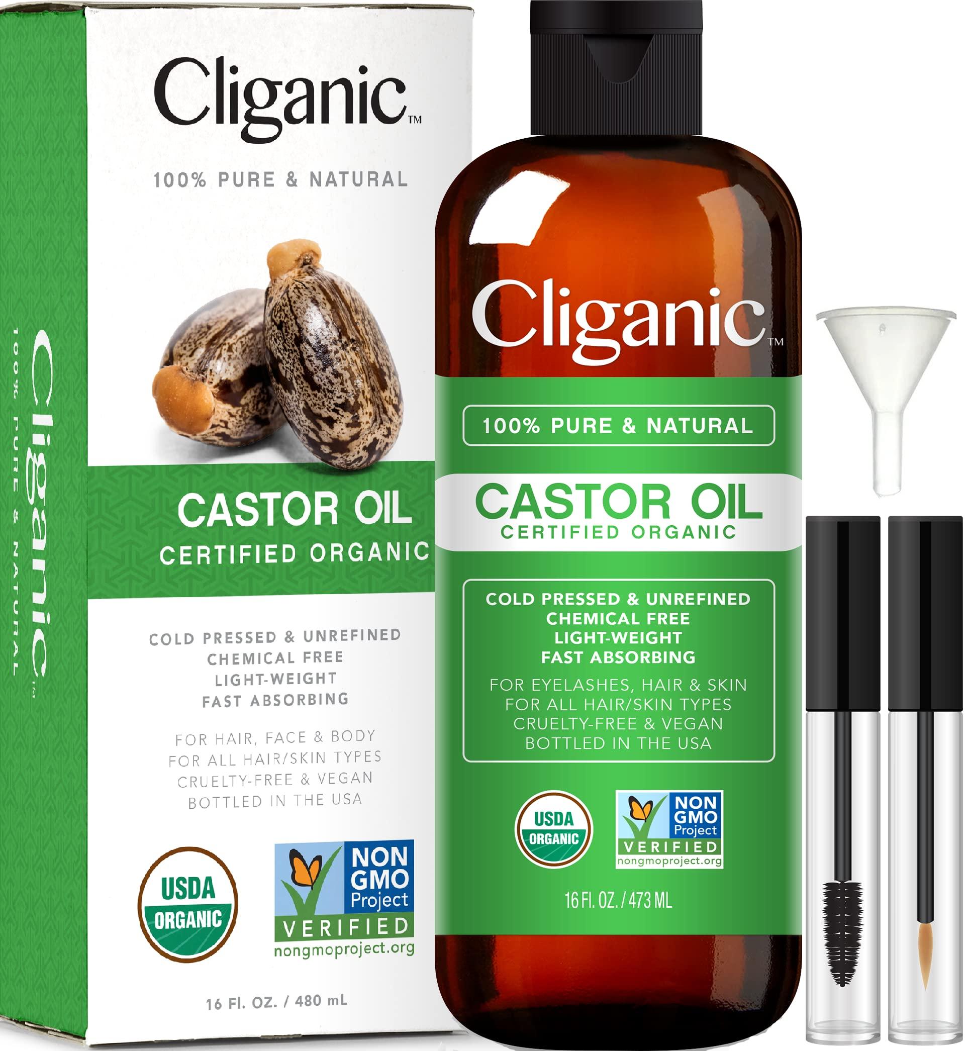 Cliganic Cliganic USDA Organic Castor Oil, 100% Pure (16oz with Eyelash Kit) - For Eyelashes, Eyebrows, Hair & Skin | Bulk, Natural Cold Pressed Unrefined Hexane-Free | DIY Carrier Oil