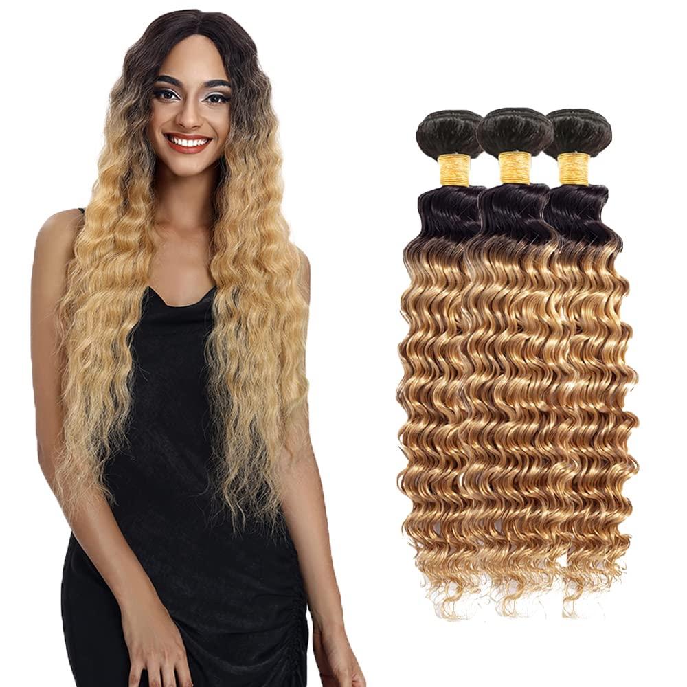 NiegMeag Blonde Human Hair Bundles 1B/27 Deep Wave Bundles Brazilian Grade 8A Virgin Hair Mixed Length 3 Bundles 16 18 20 Inch 2 Tone Black and Honey Blonde Deep Wave Bundles