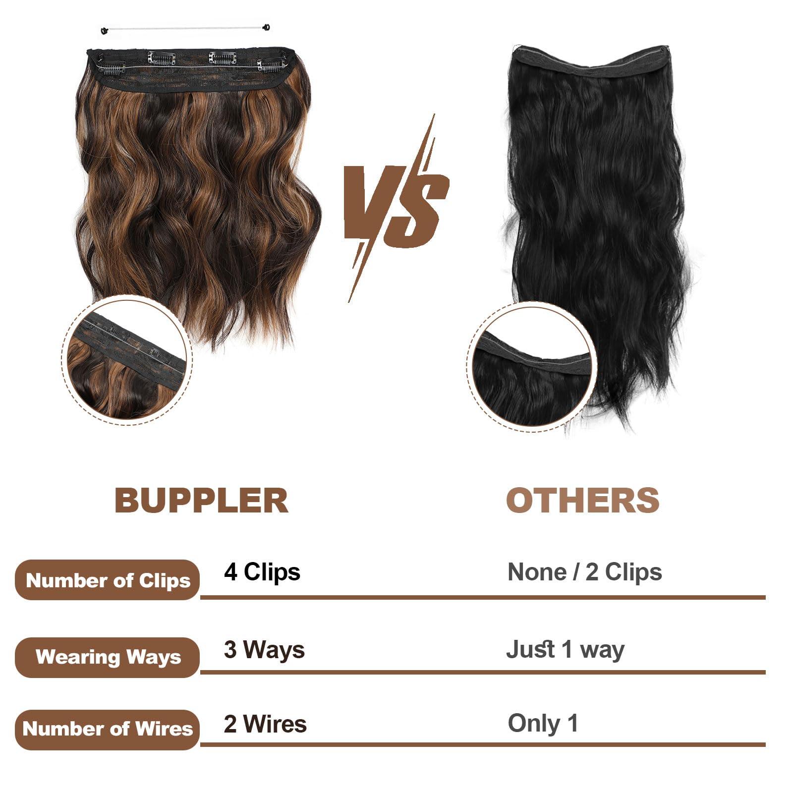 BUPPLER BUPPLER Halo Hair Extensions 12 Inch Invisible Wire Hair Extensions Adjustable Long Wavy Hair Extensions Synthetic Upgrade 4 Secure Clips in Hairpieces 12 Inch, Dark Brown Mix Medium Brown