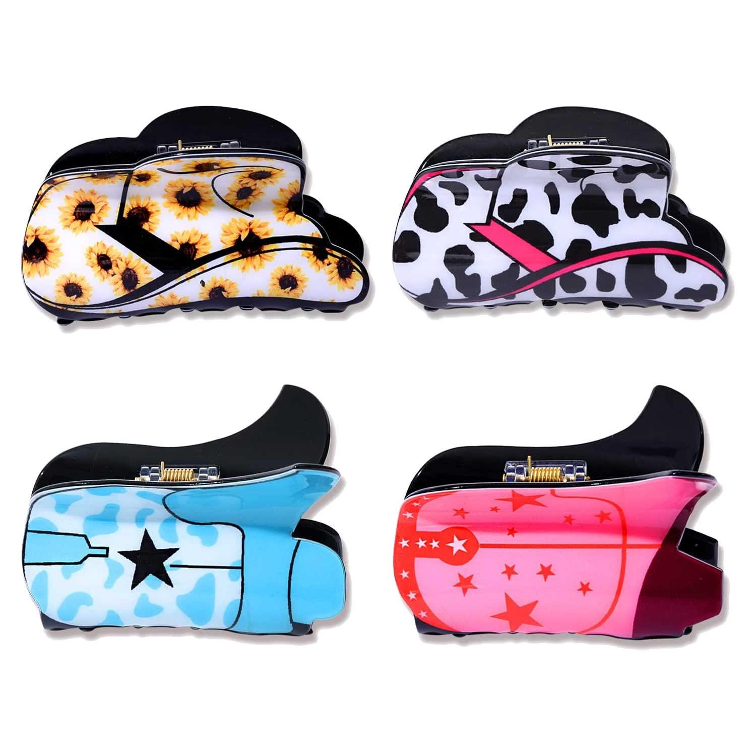 PHALIN 4/6PCS Western Hair Claw Clip for Women, Cowgirl Hat Boot Large Hair Clips, Nonslip Leopard Sunflower Hair Jaw Clamps for Thick Thin Hair (4PCS C)